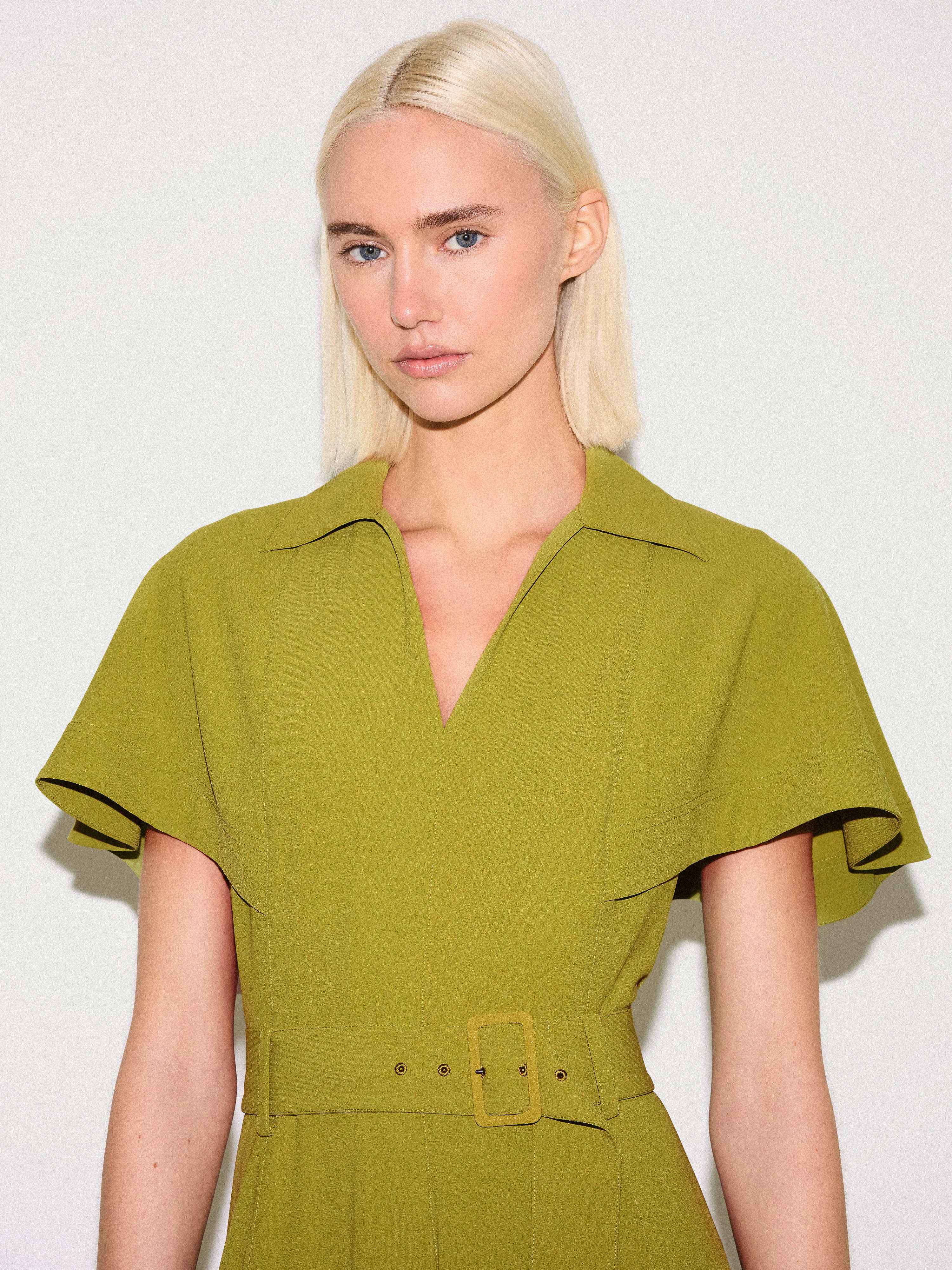 Cape Sleeve Belted Shirt Dress | Green - Image 2