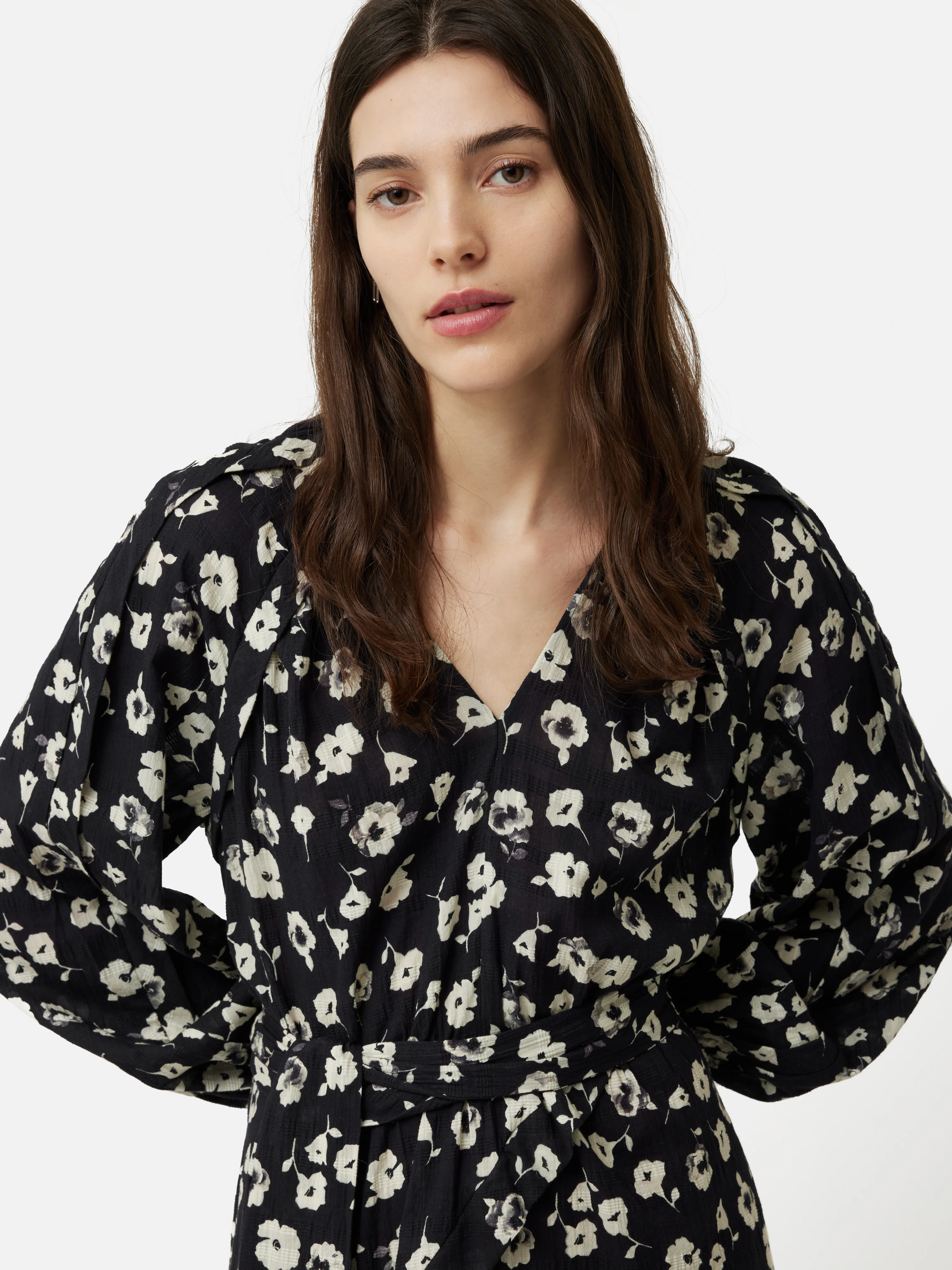 Cotton Floral Belted Dress | Black - Image 2