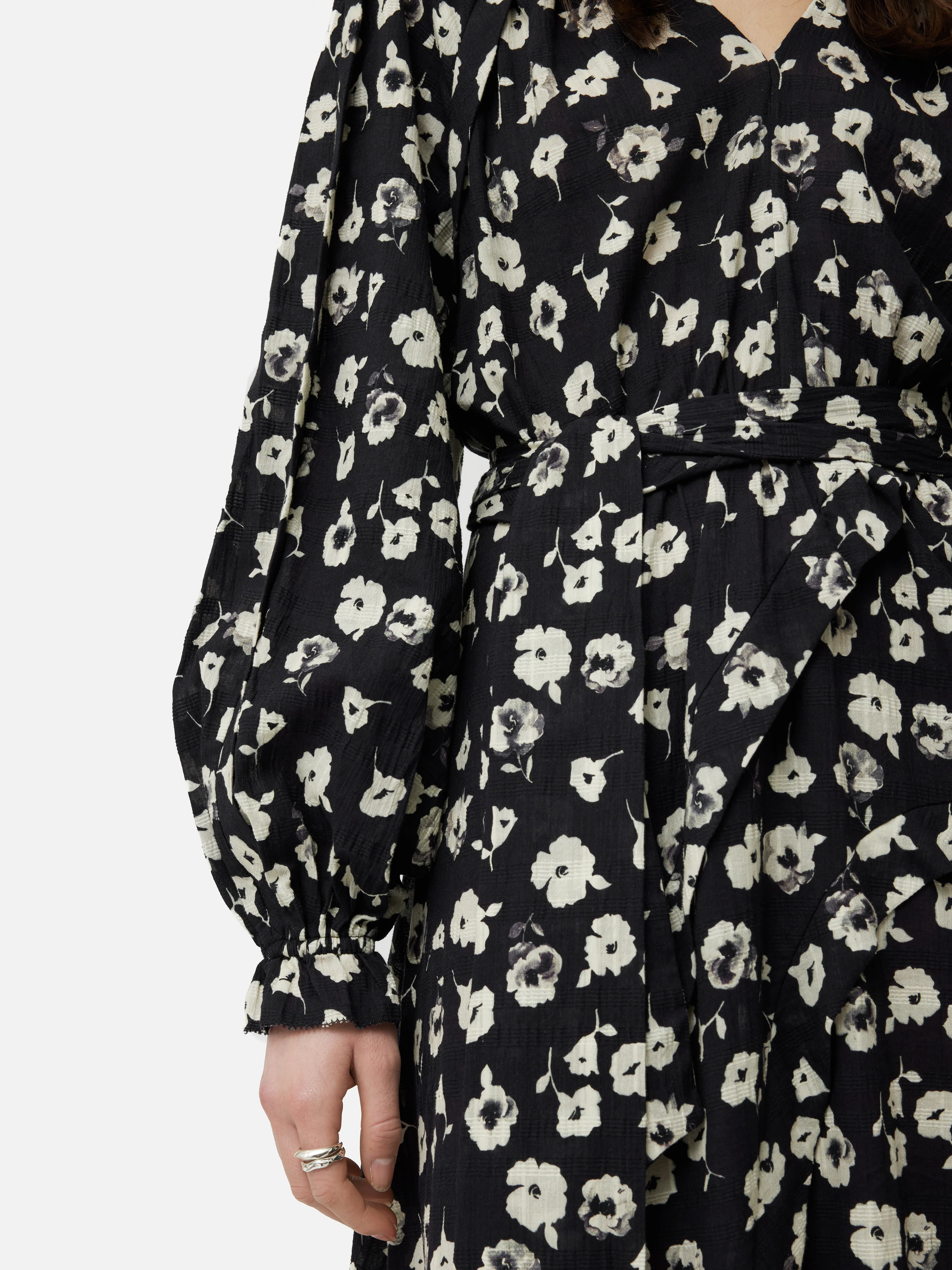 Cotton Floral Belted Dress | Black - Image 3