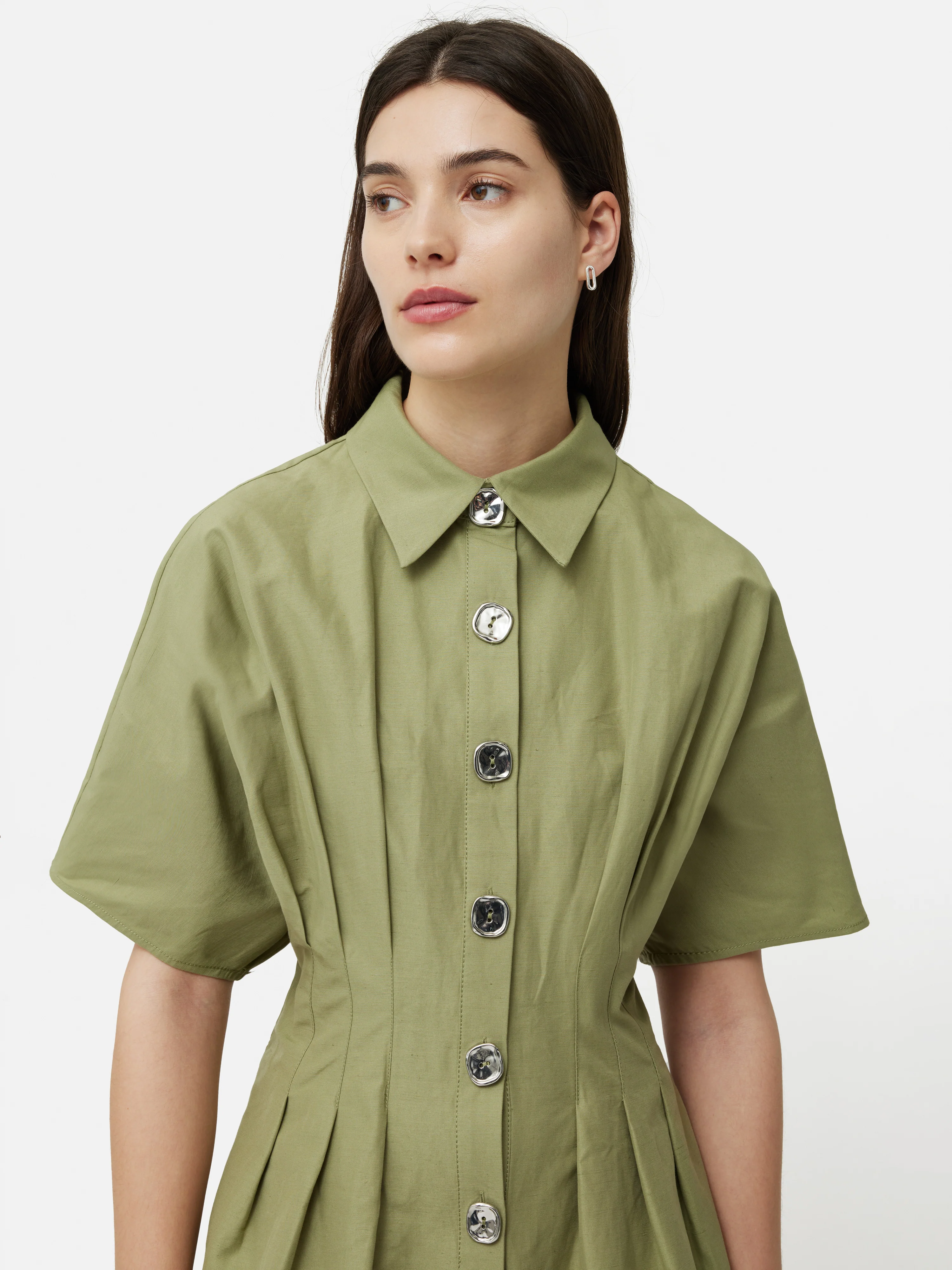 Cotton Stitched Pleat Dress | Green - Image 3