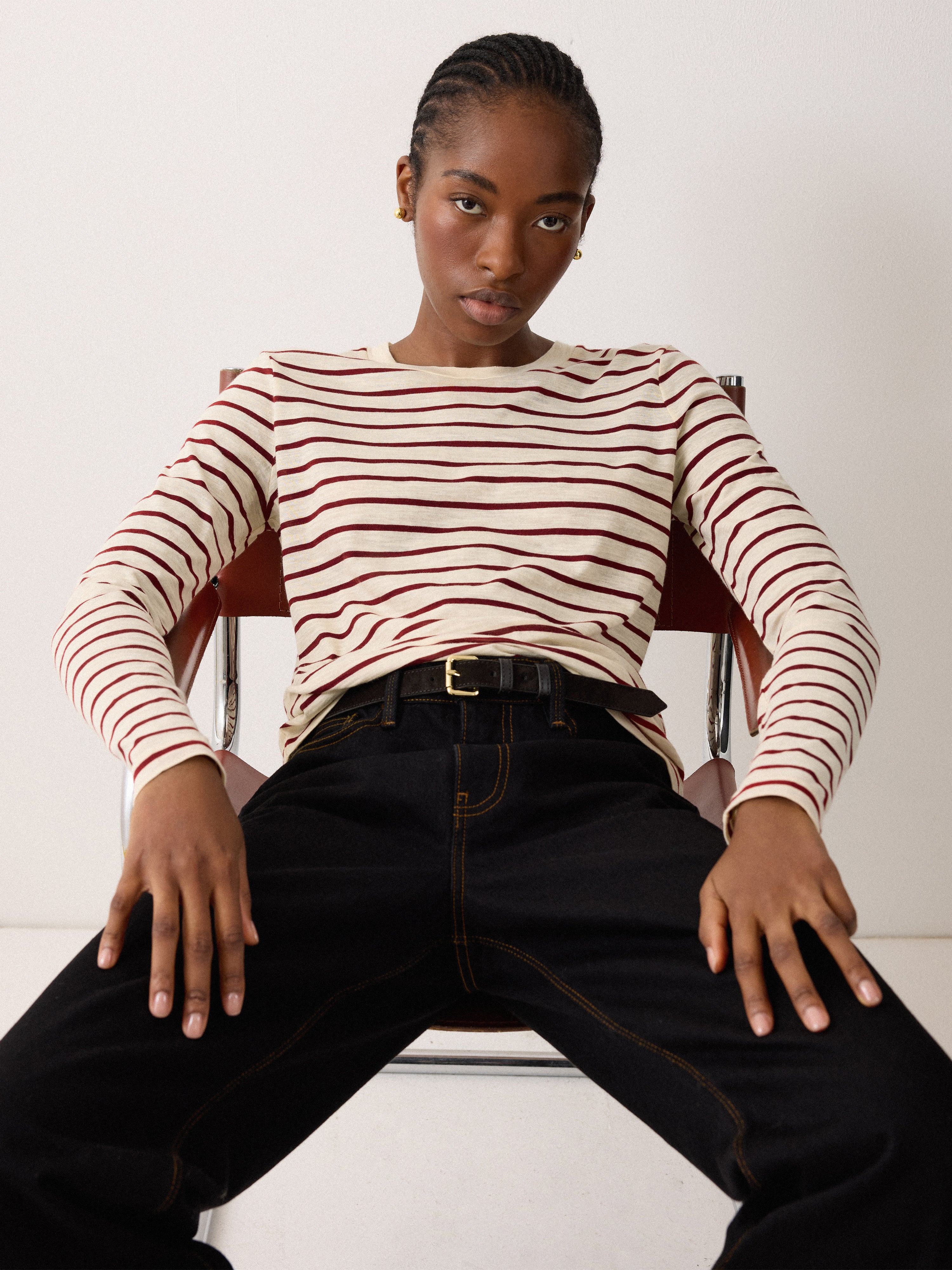 Cotton Stripe Long Sleeve Tee | Leather Red - Image 2
