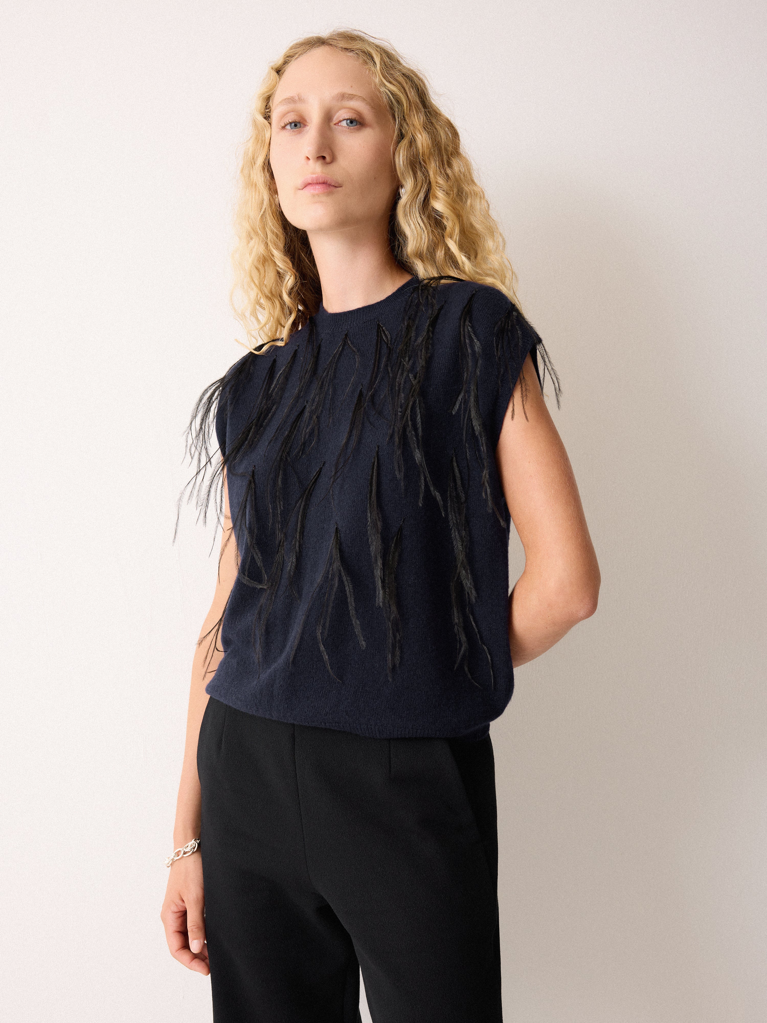 Feather Cap Sleeve Jumper | Navy - Image 3