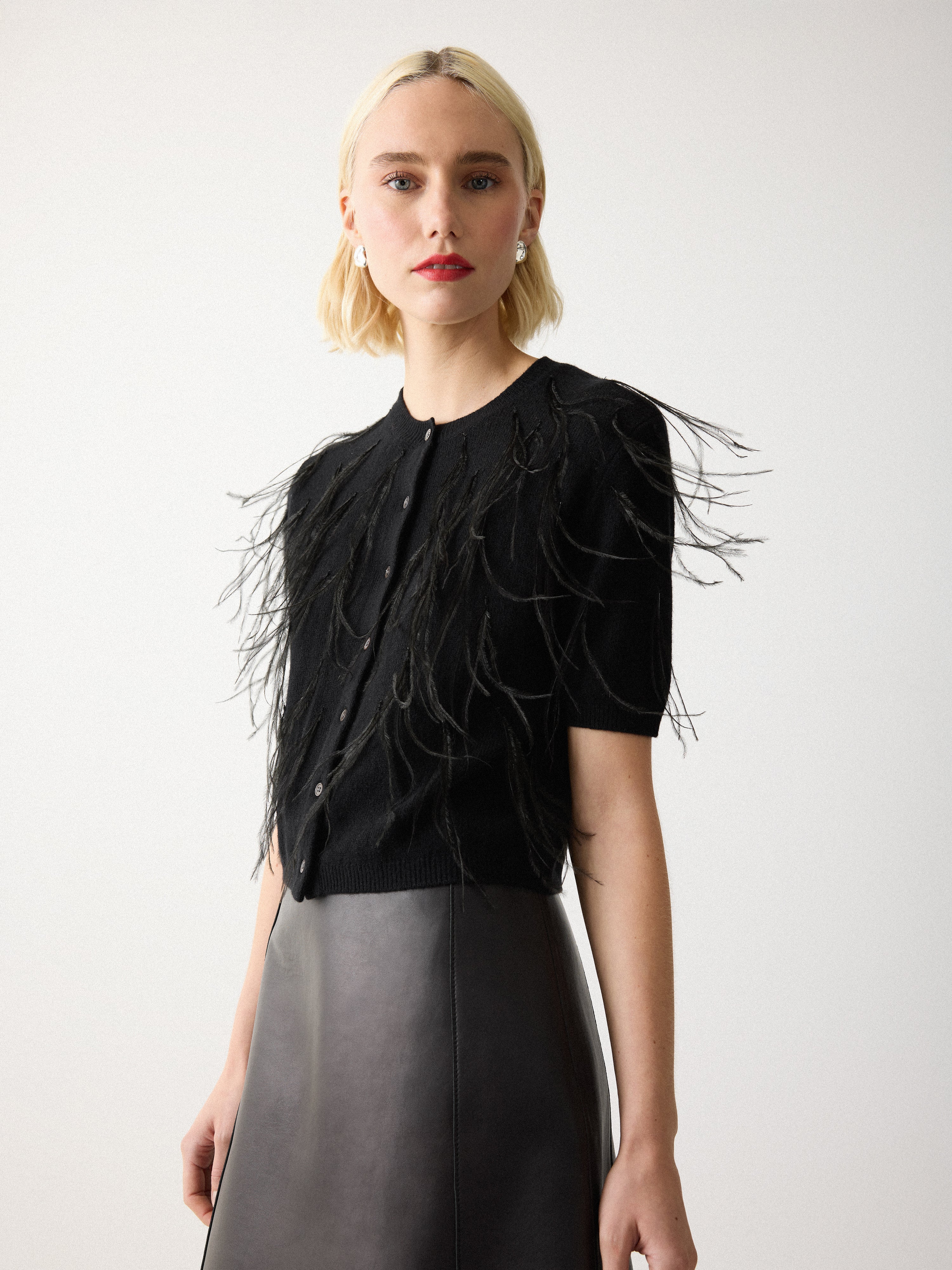 Feather Embellished Cardigan | Black - Image 3