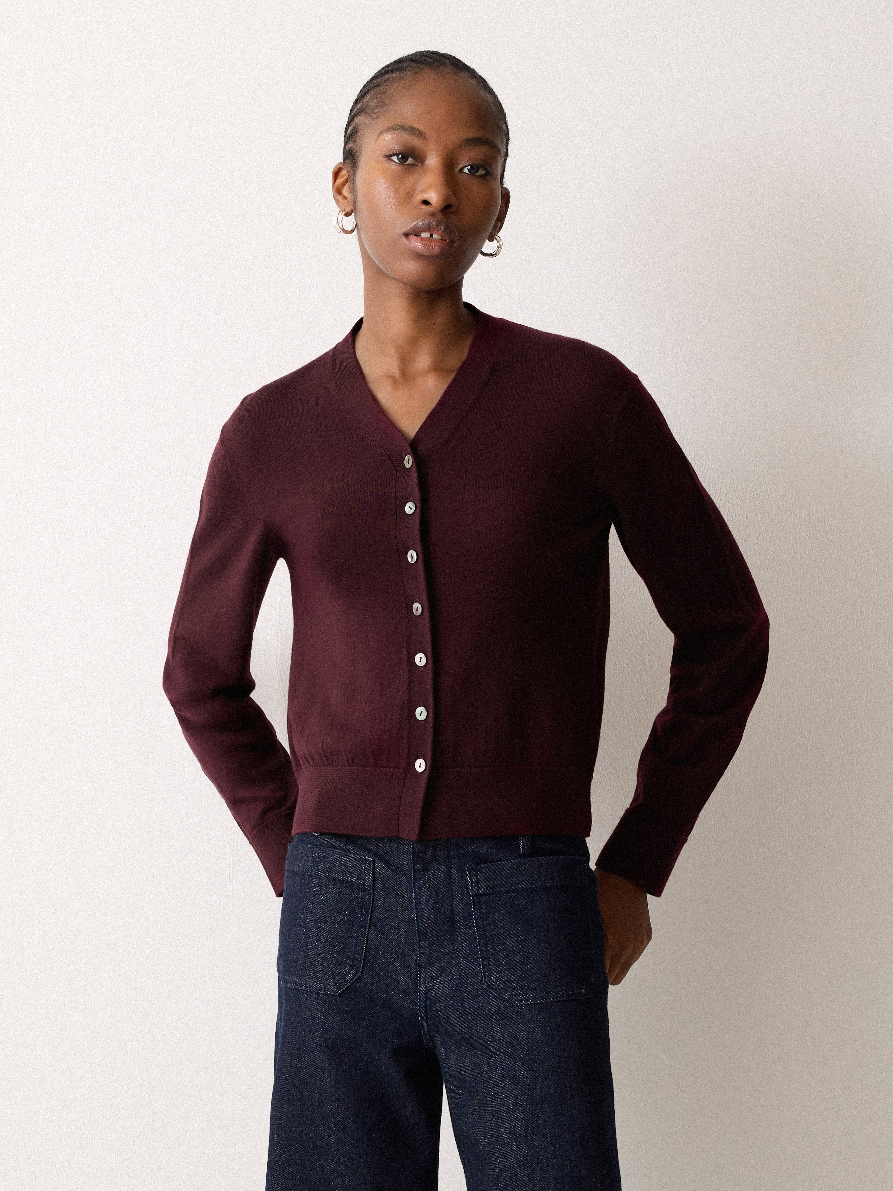Fine Merino Cardigan Top | Burgundy - Image 4
