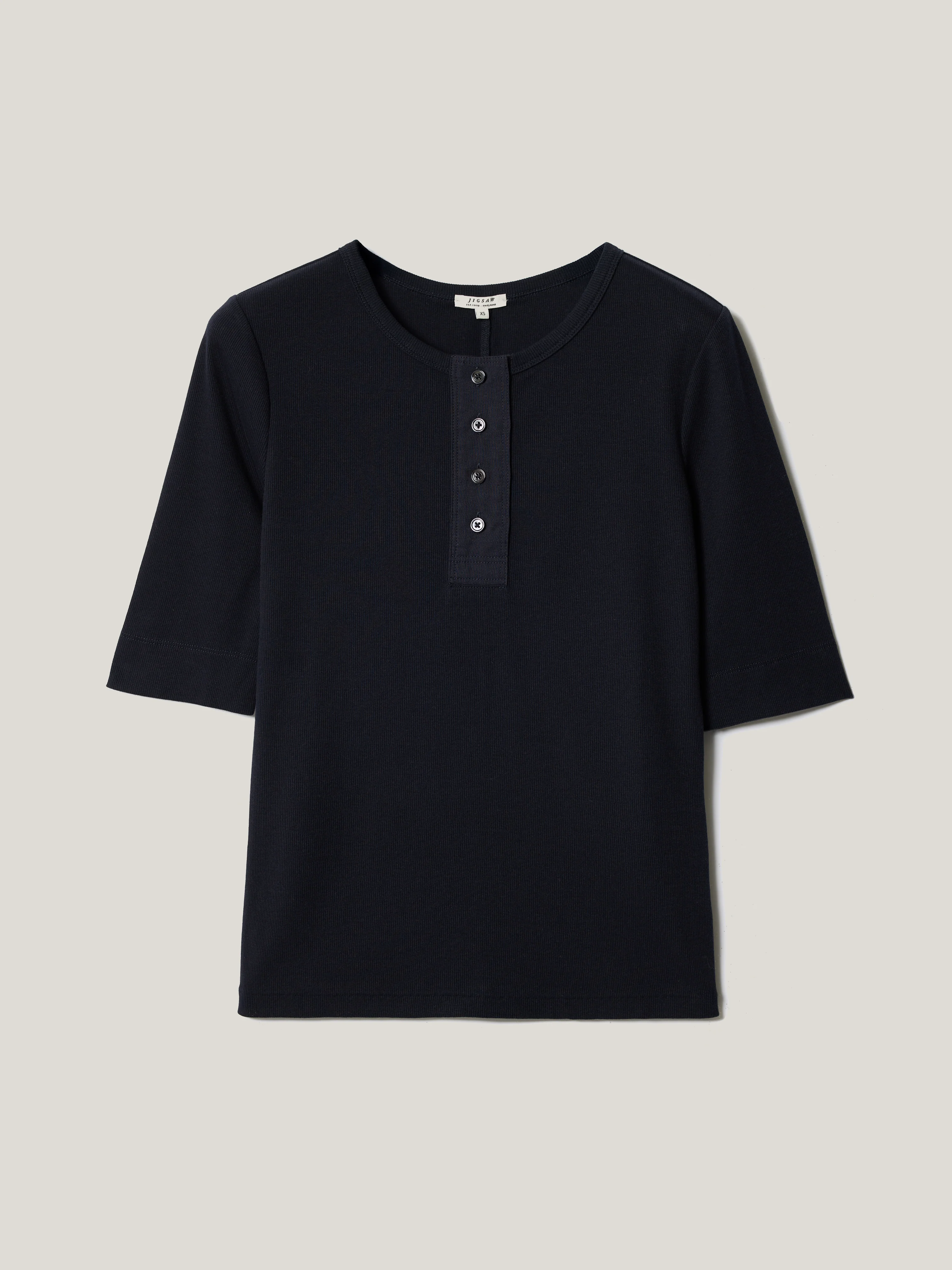 Fine Rib Half Sleeve Henley T-shirt | Navy - Image 5