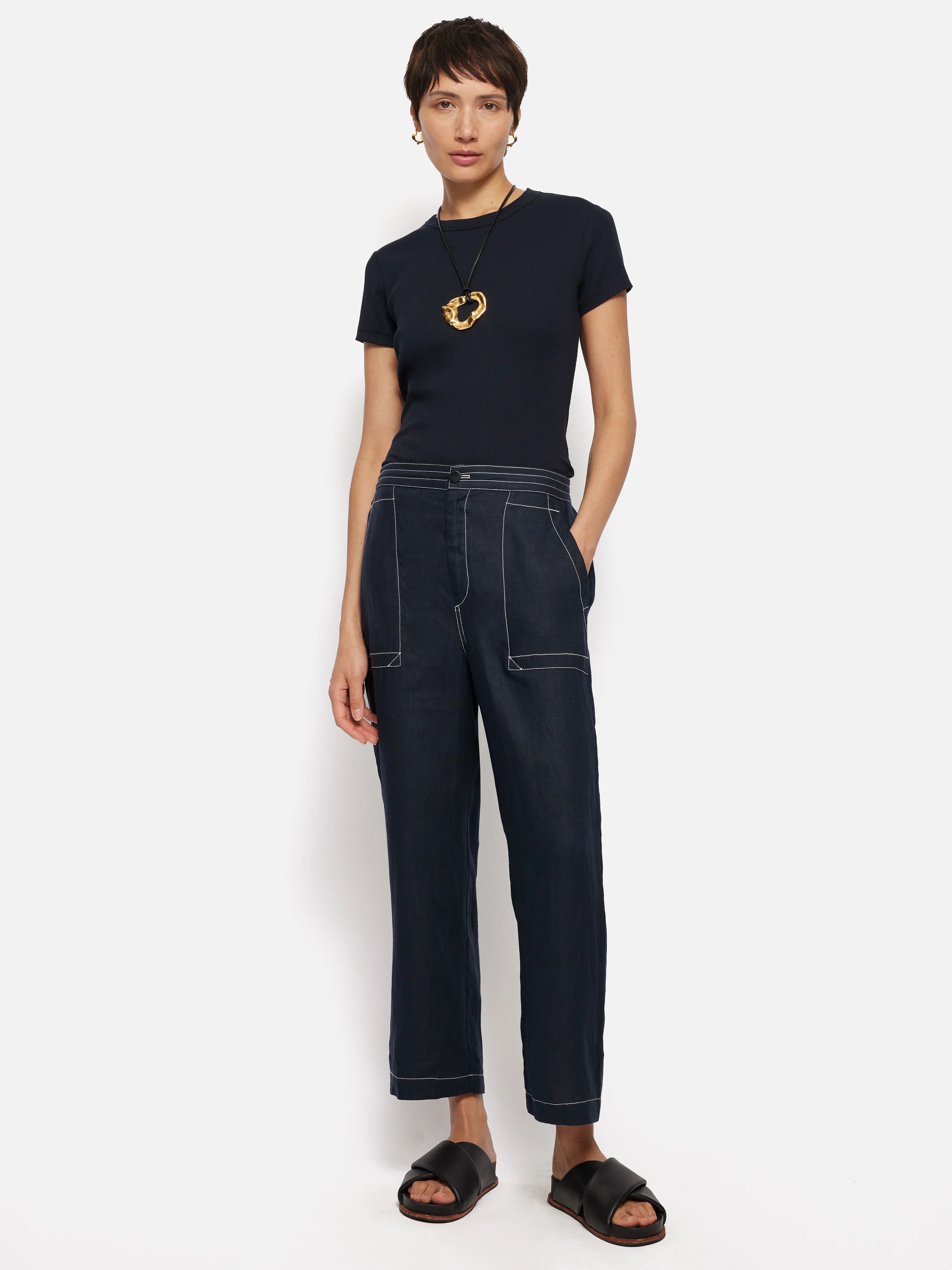 French Linen Cropped Trouser | Navy - Image 7