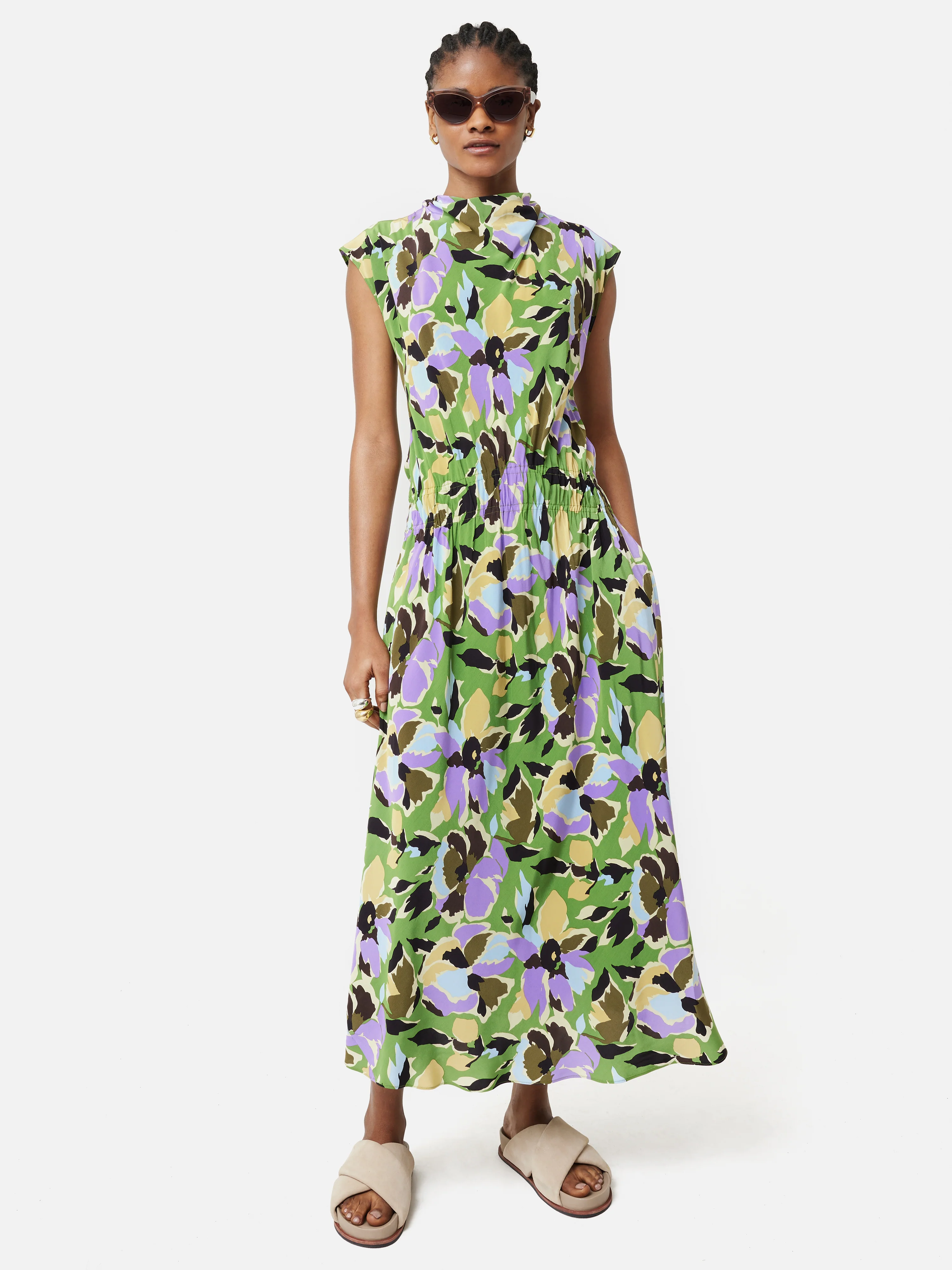 Graphic Pansy Cowl Neck Dress | Green - Image 3