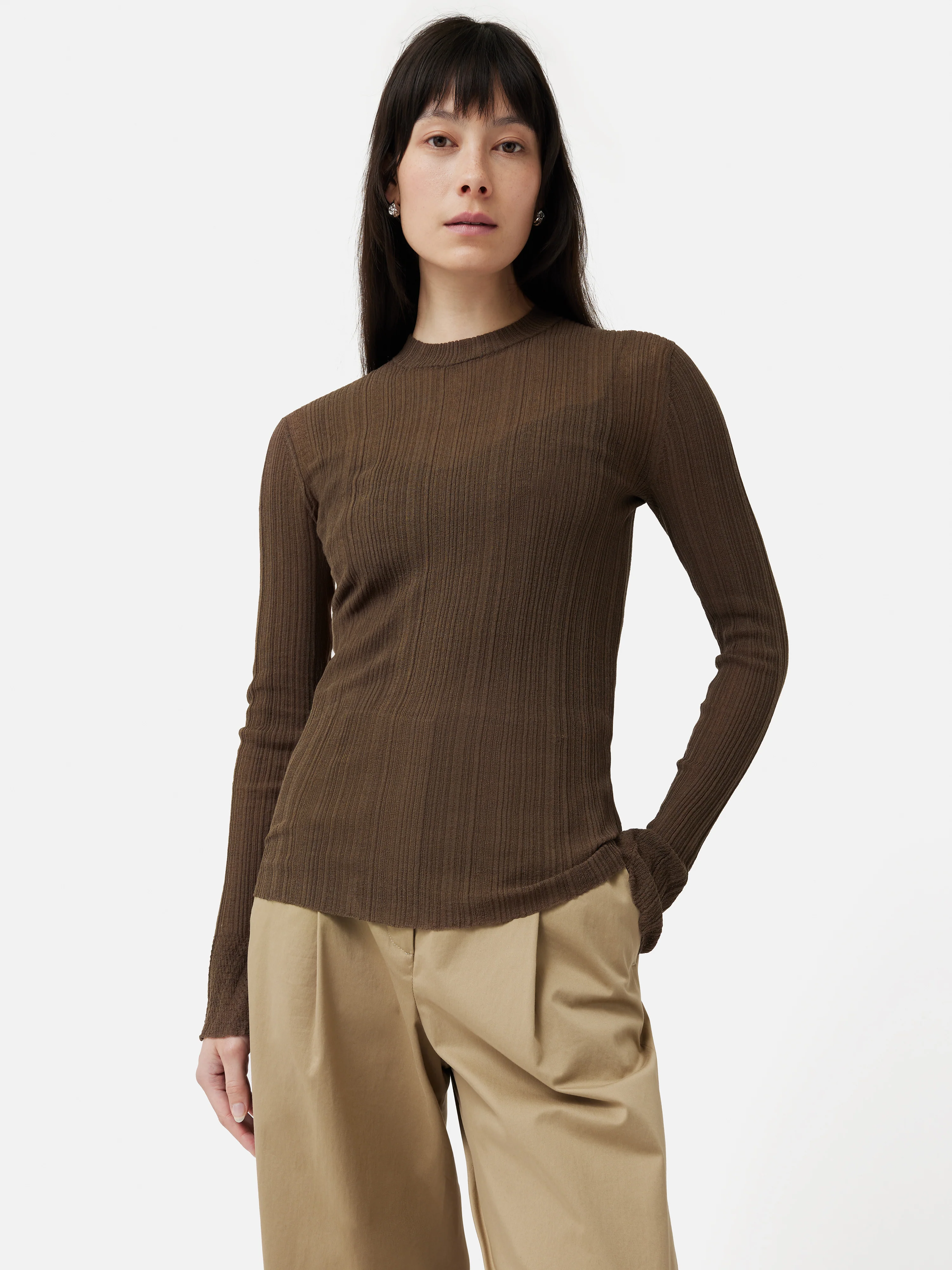 Irregular Plisse Crew Top | Brown - Image 4