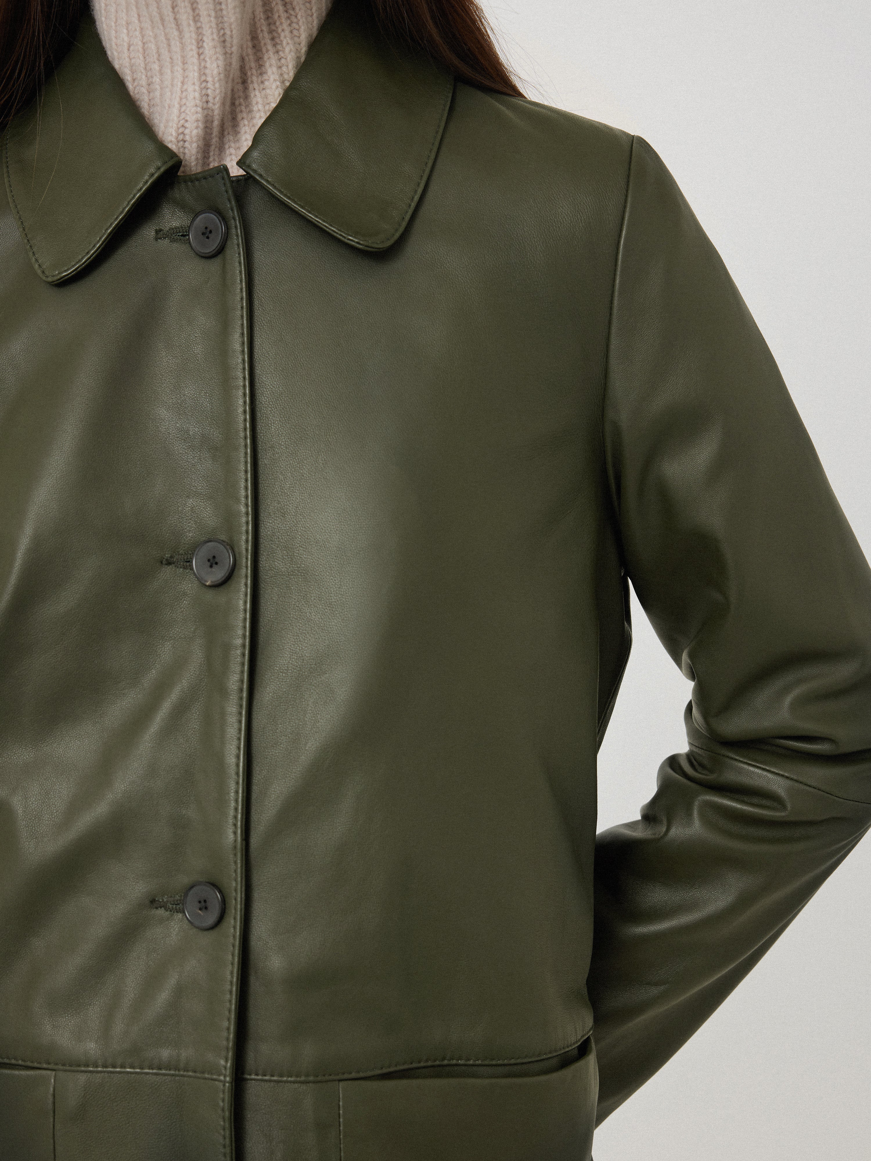Leather Knee Length Coat | Green - Image 3