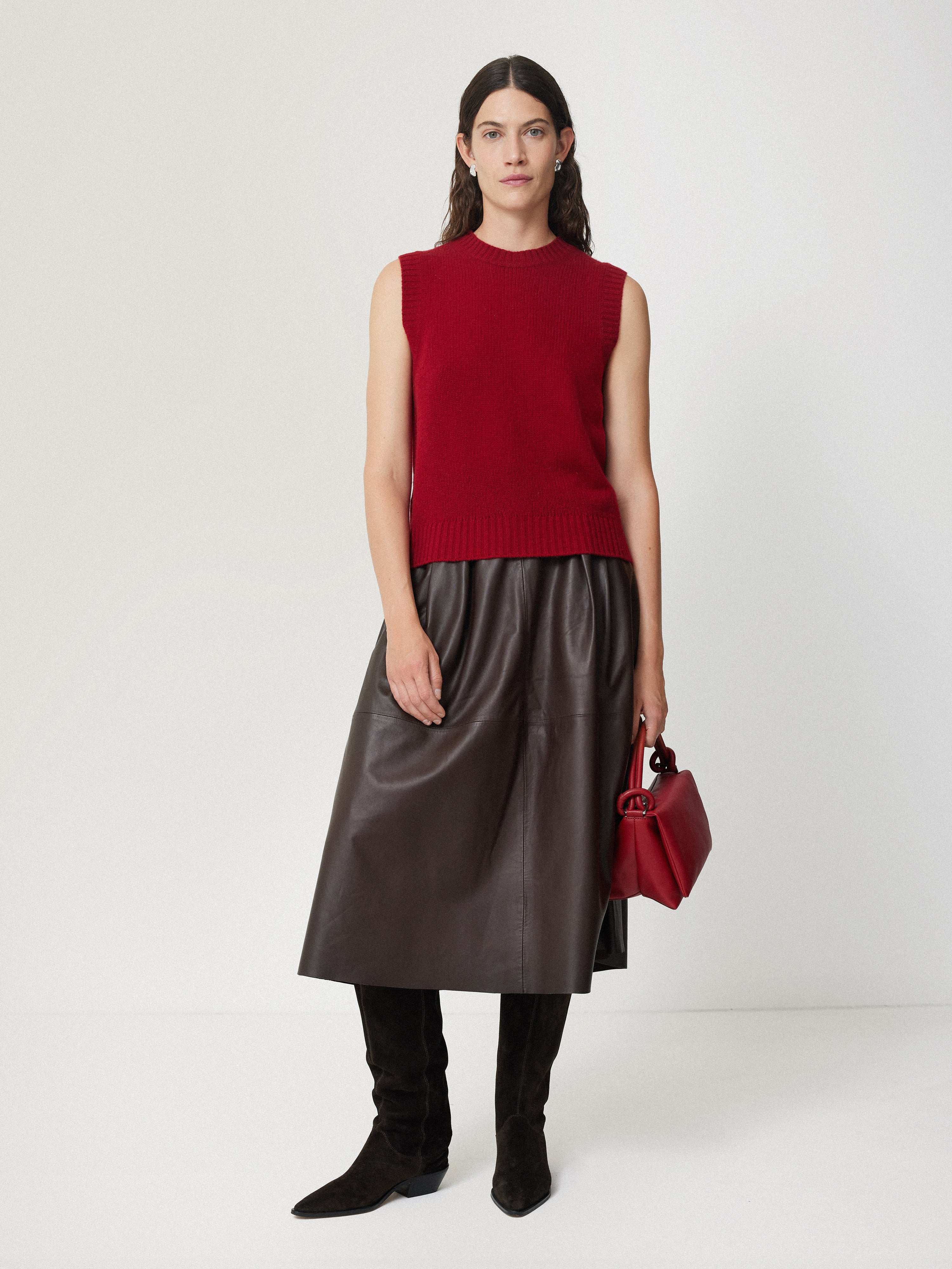 Leather Pleat Midi Skirt | Brown - Image 3