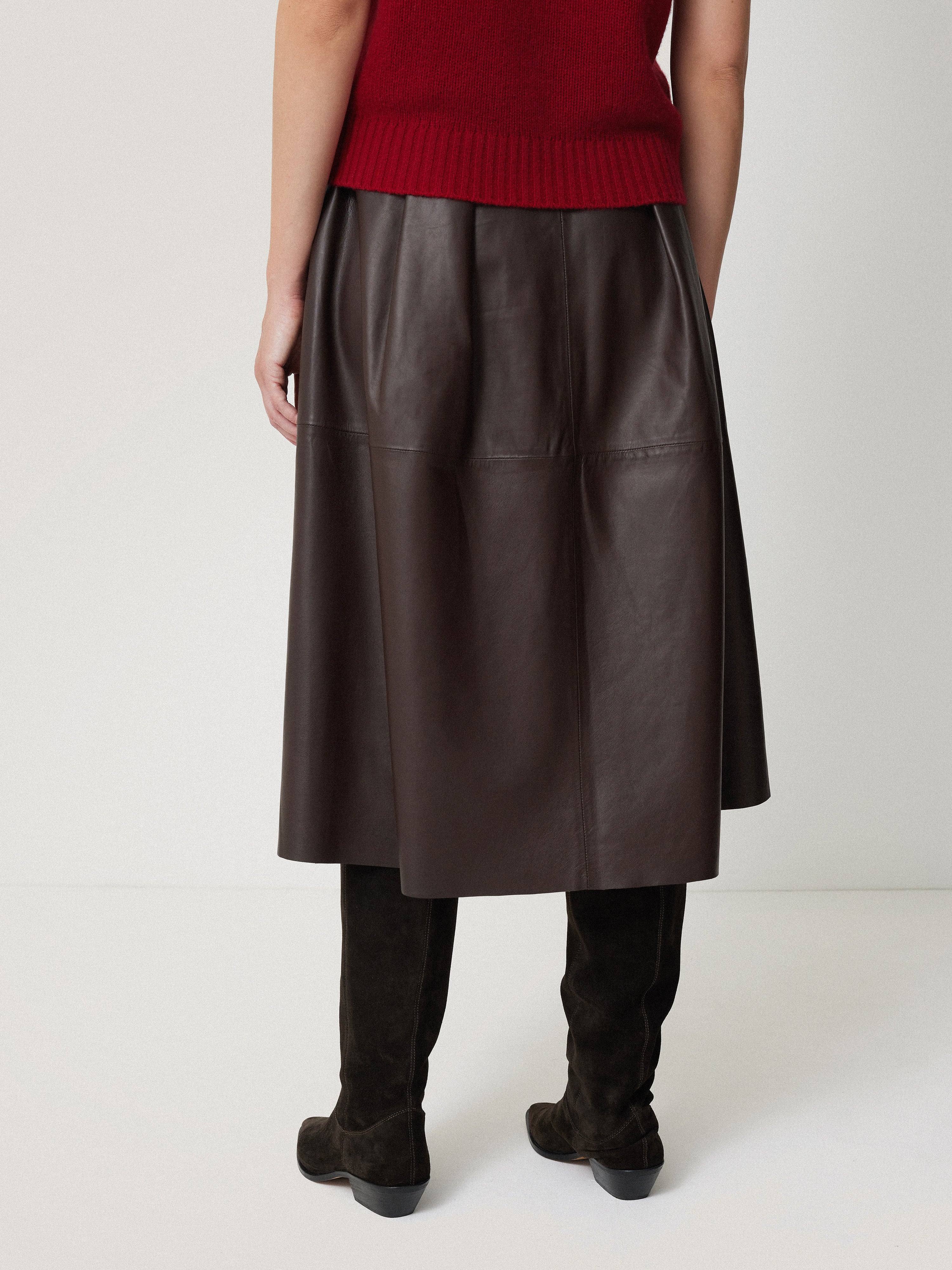 Leather Pleat Midi Skirt | Brown - Image 5