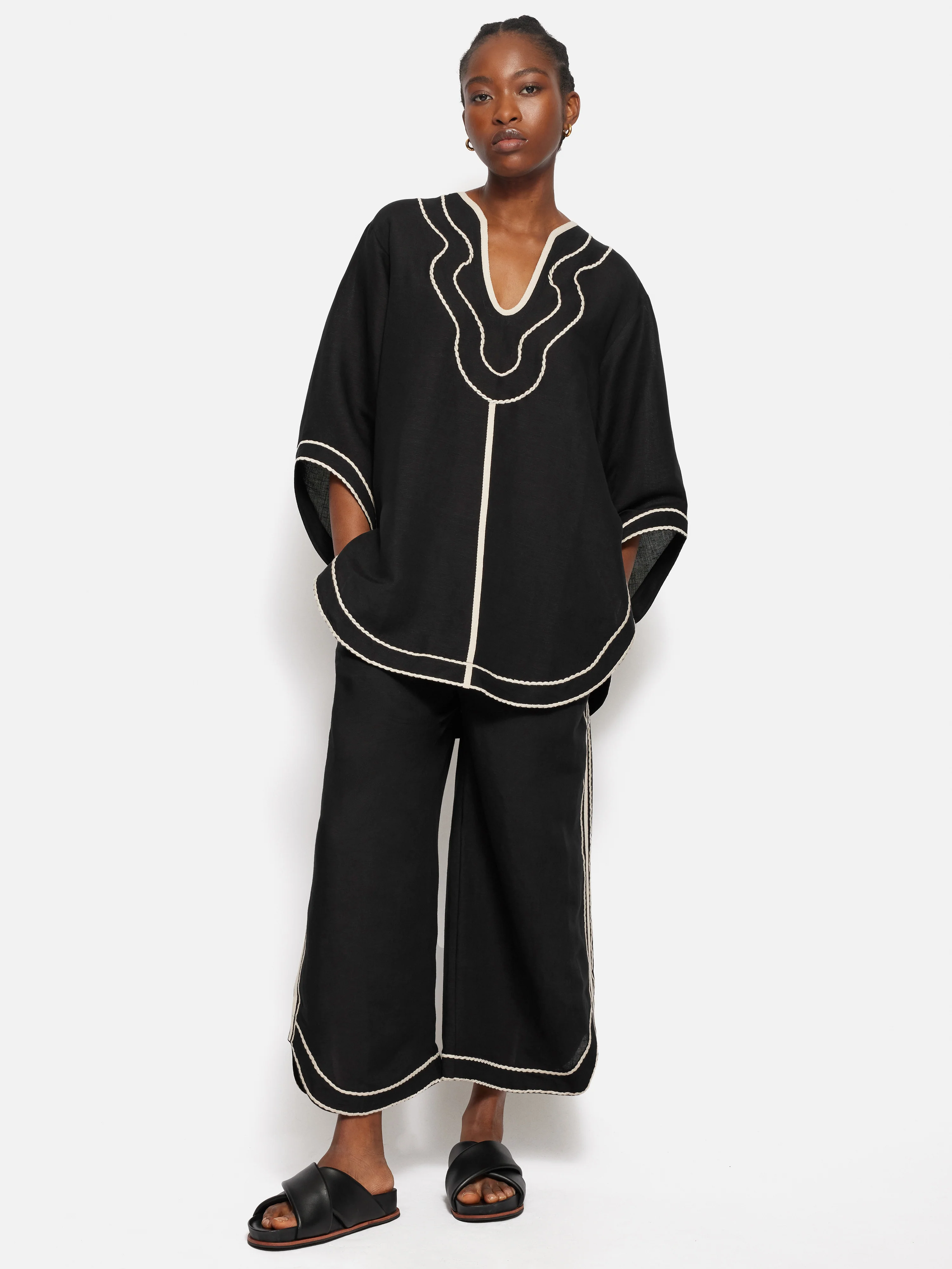 Linen Blend Embroidery Tunic | Black - Image 3