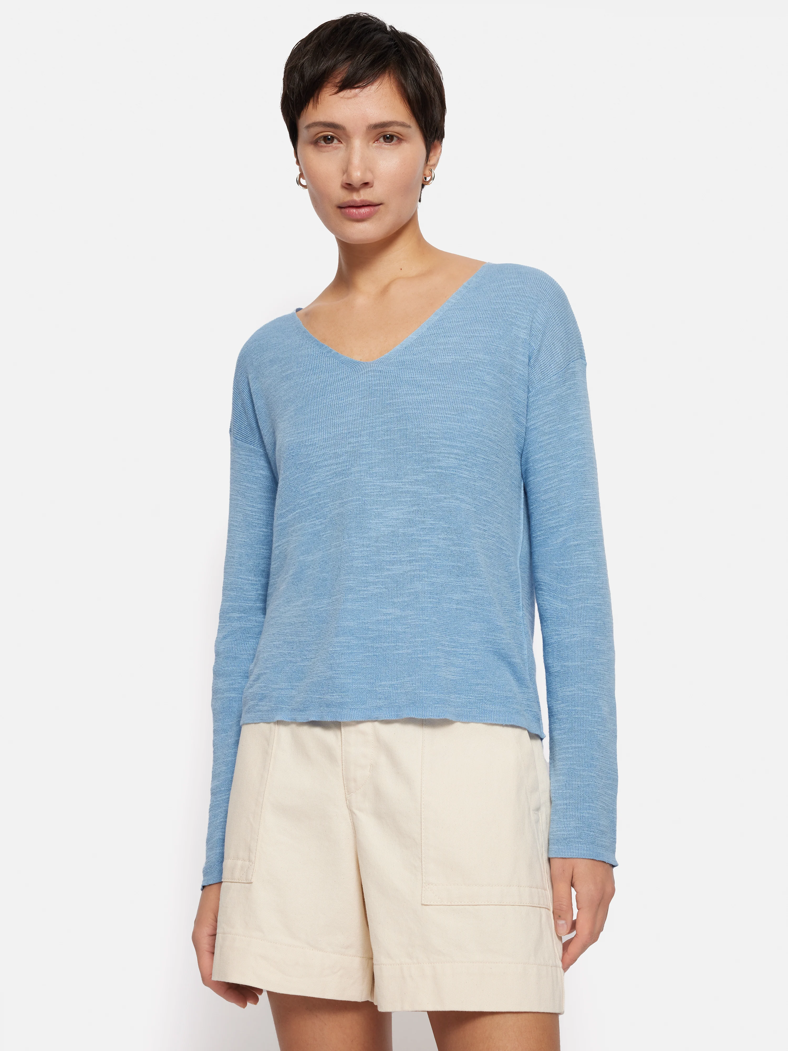 Linen Cotton V Neck Jumper | Blue - Image 6