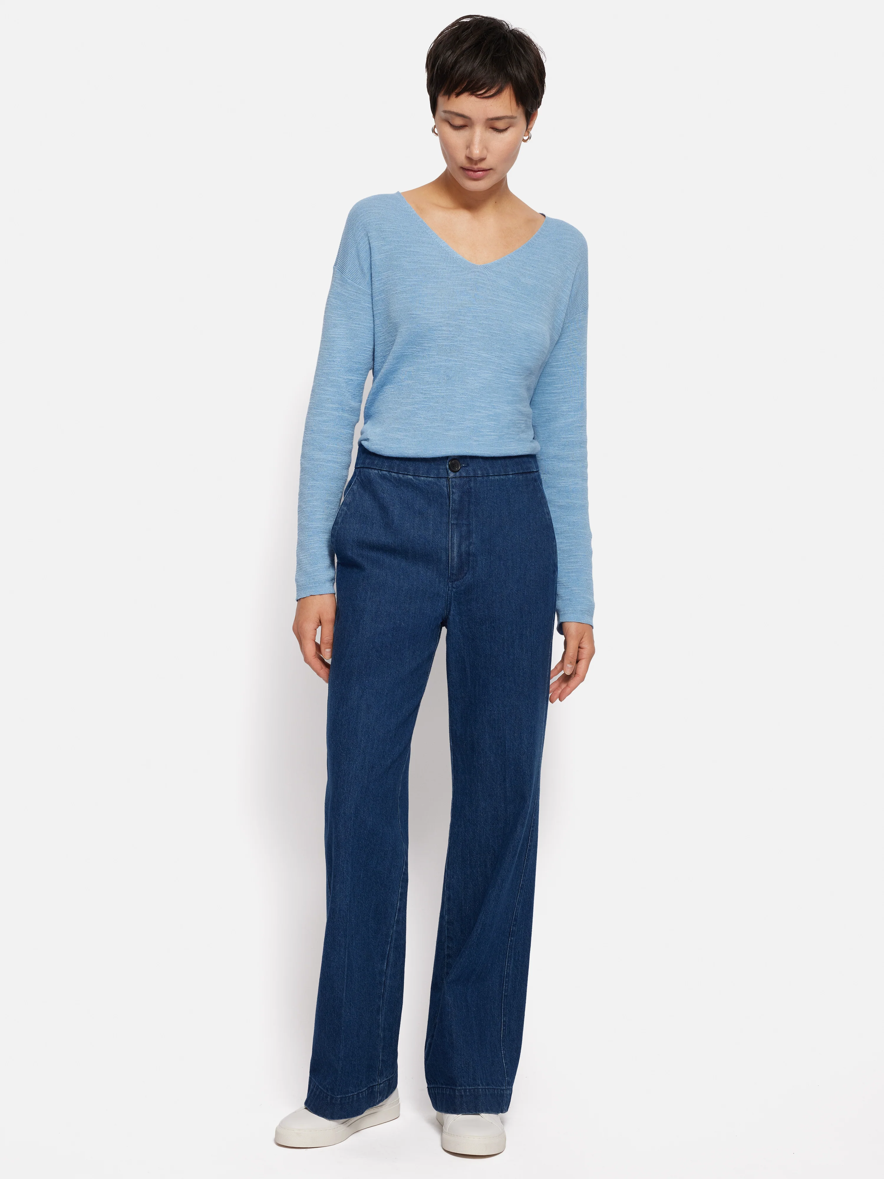 Linen Cotton V Neck Jumper | Blue - Image 7