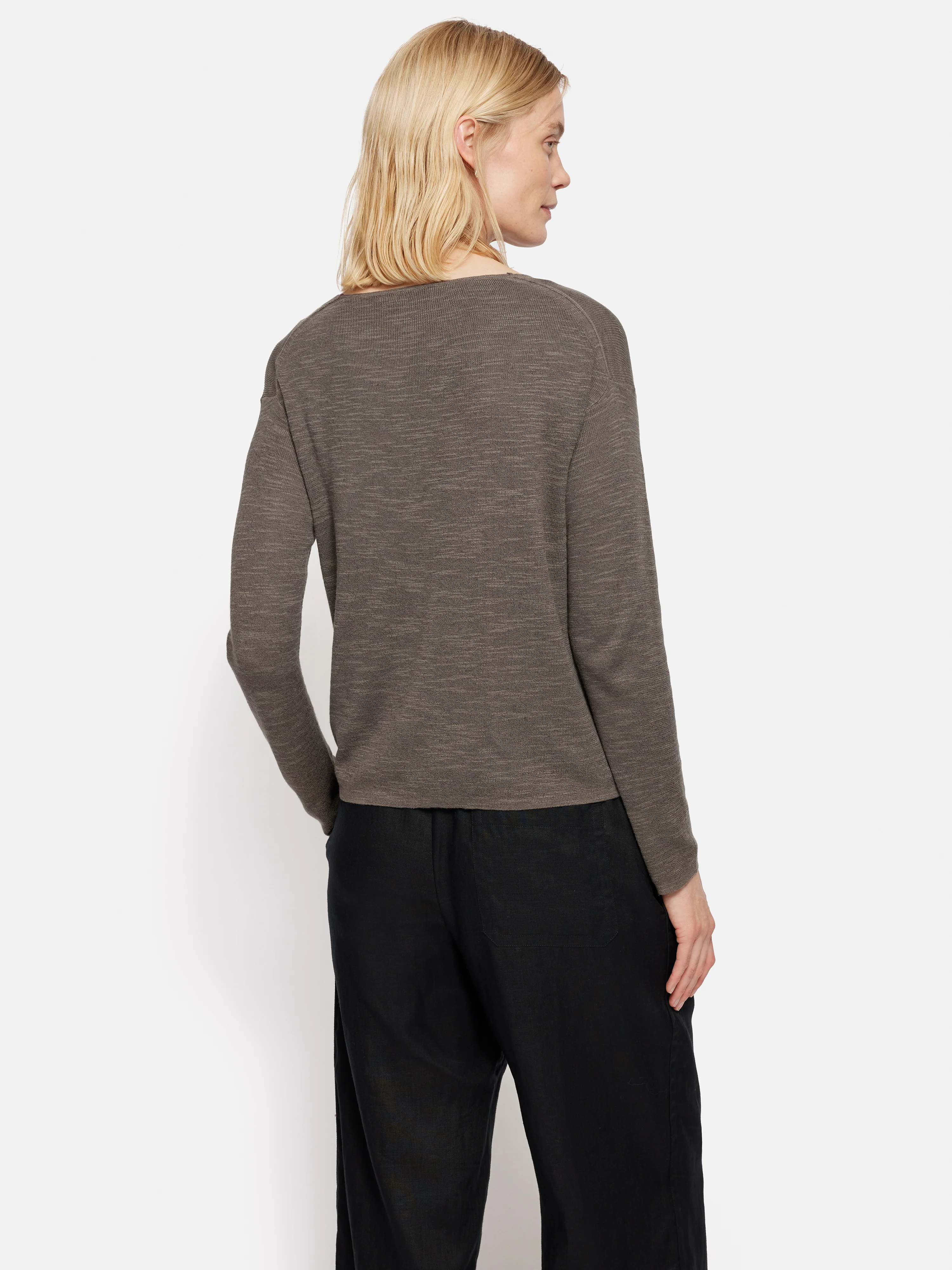 Linen Cotton V Neck Jumper | Brown - Image 4