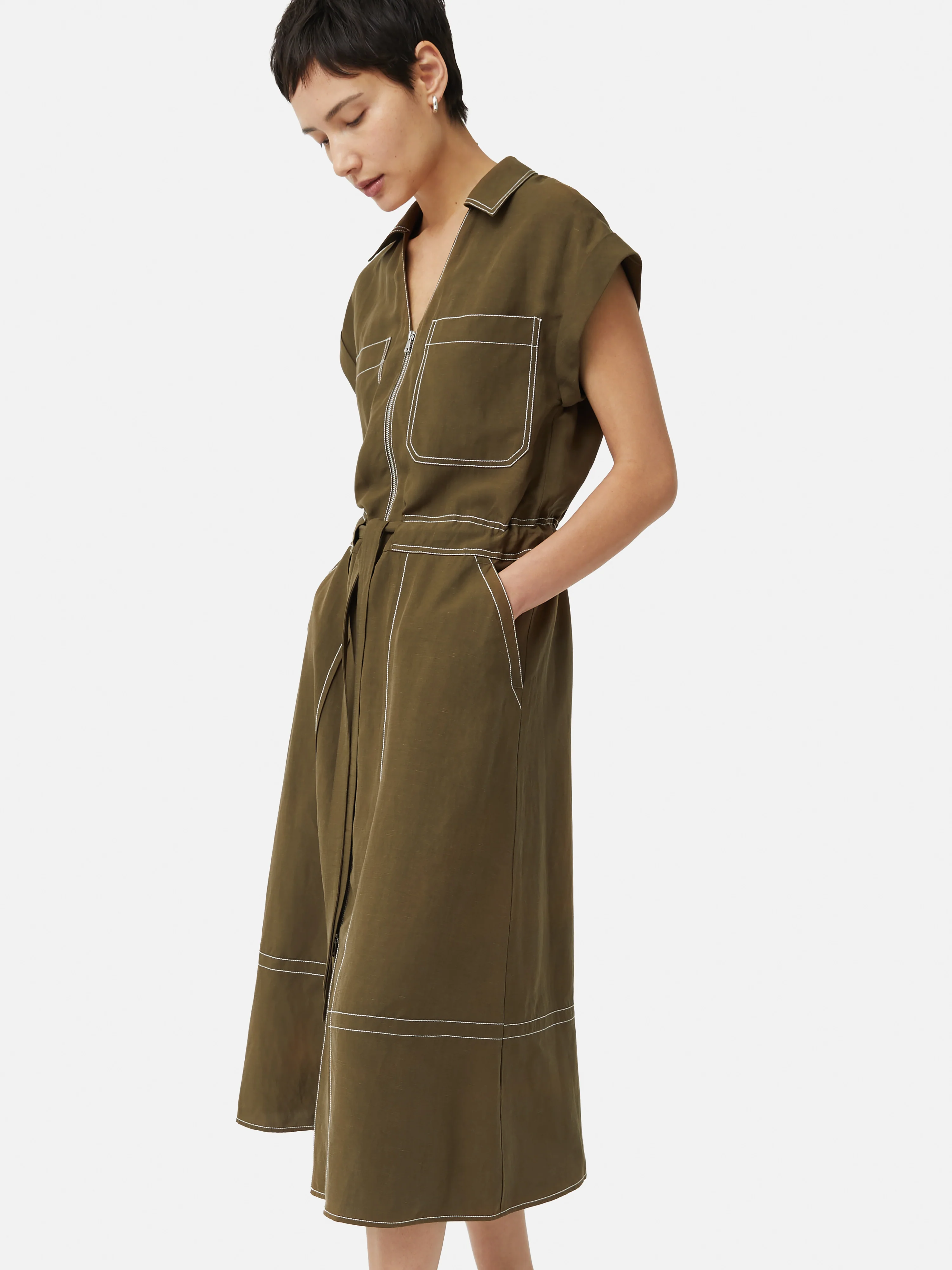 Linen Lyocell Stitched Dress | Dark Khaki - Image 3