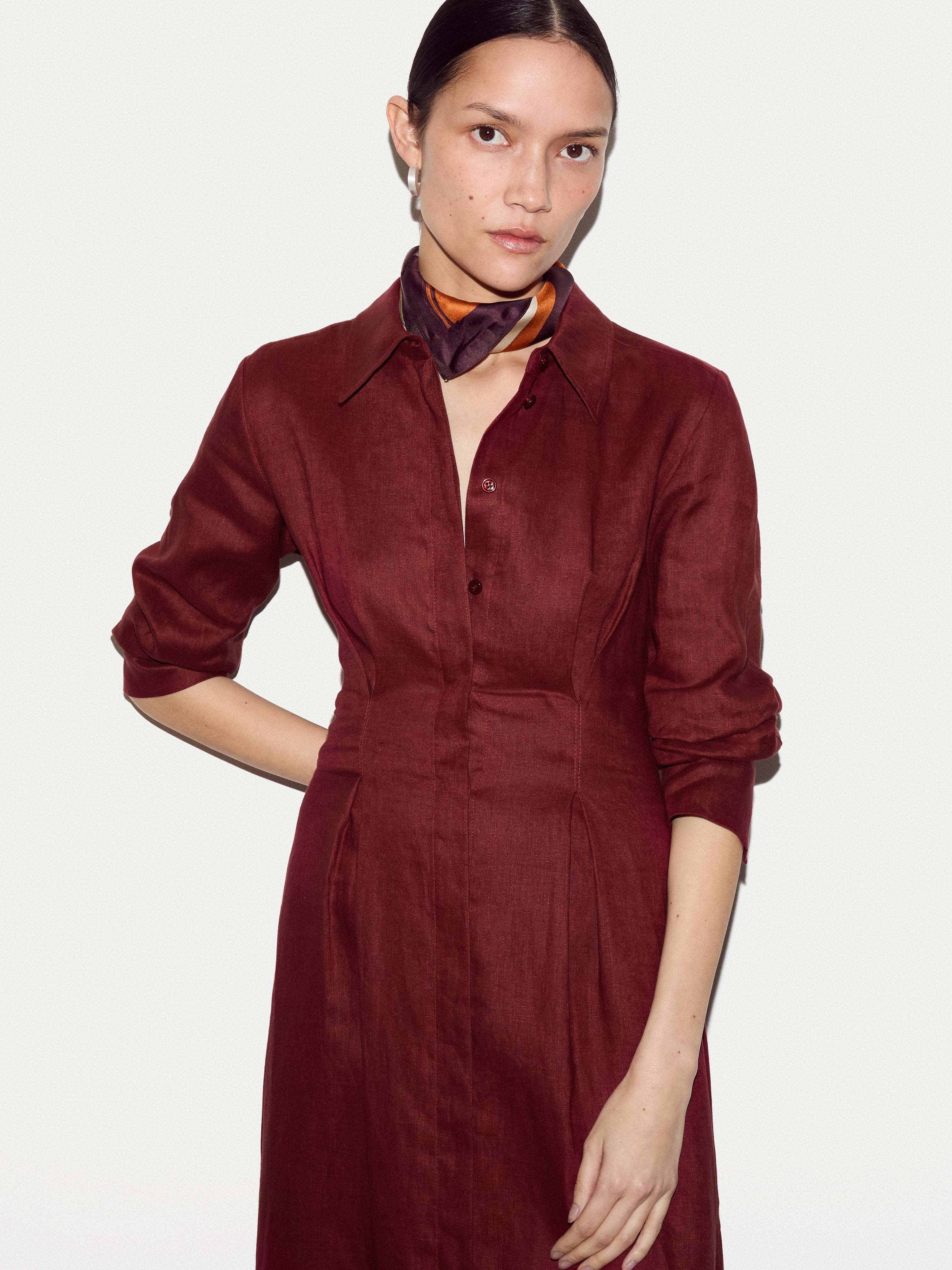 Linen Pleat Front Shirt Dress | Red - Image 3