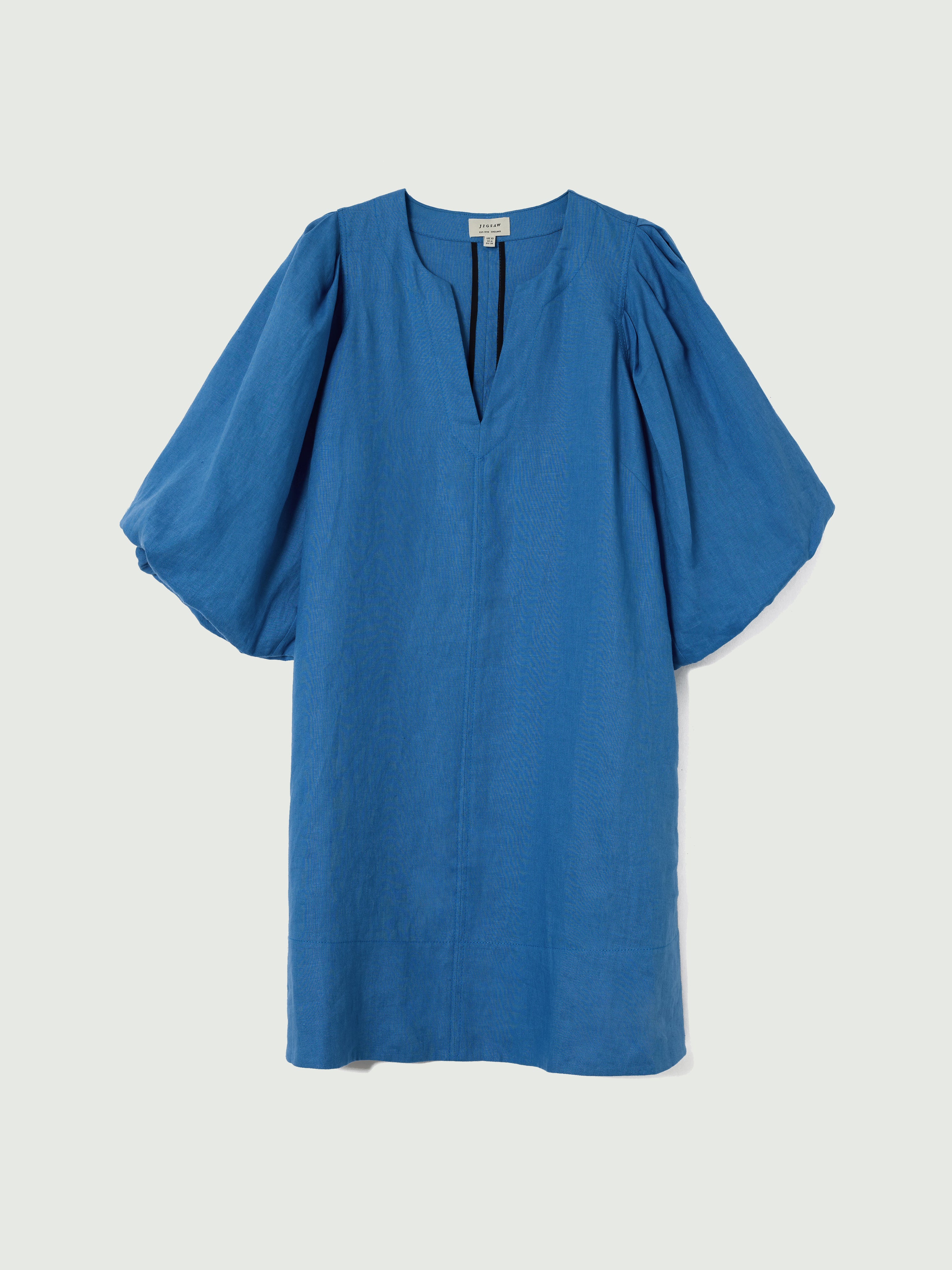 Linen Puff Sleeve Mini Dress | Blue - Image 5