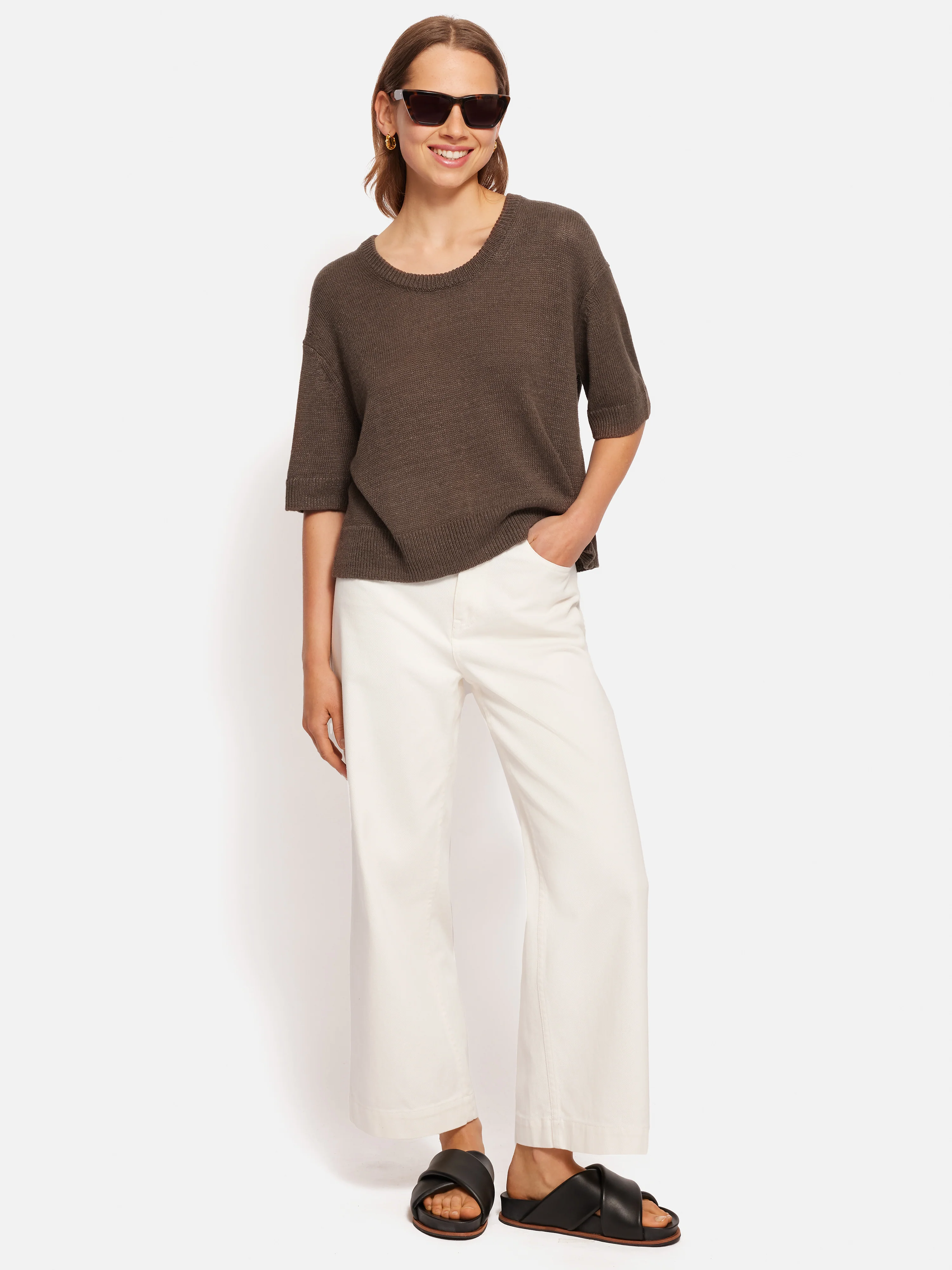 Linen Scoop Neck Knitted T-Shirt | Brown - Image 5