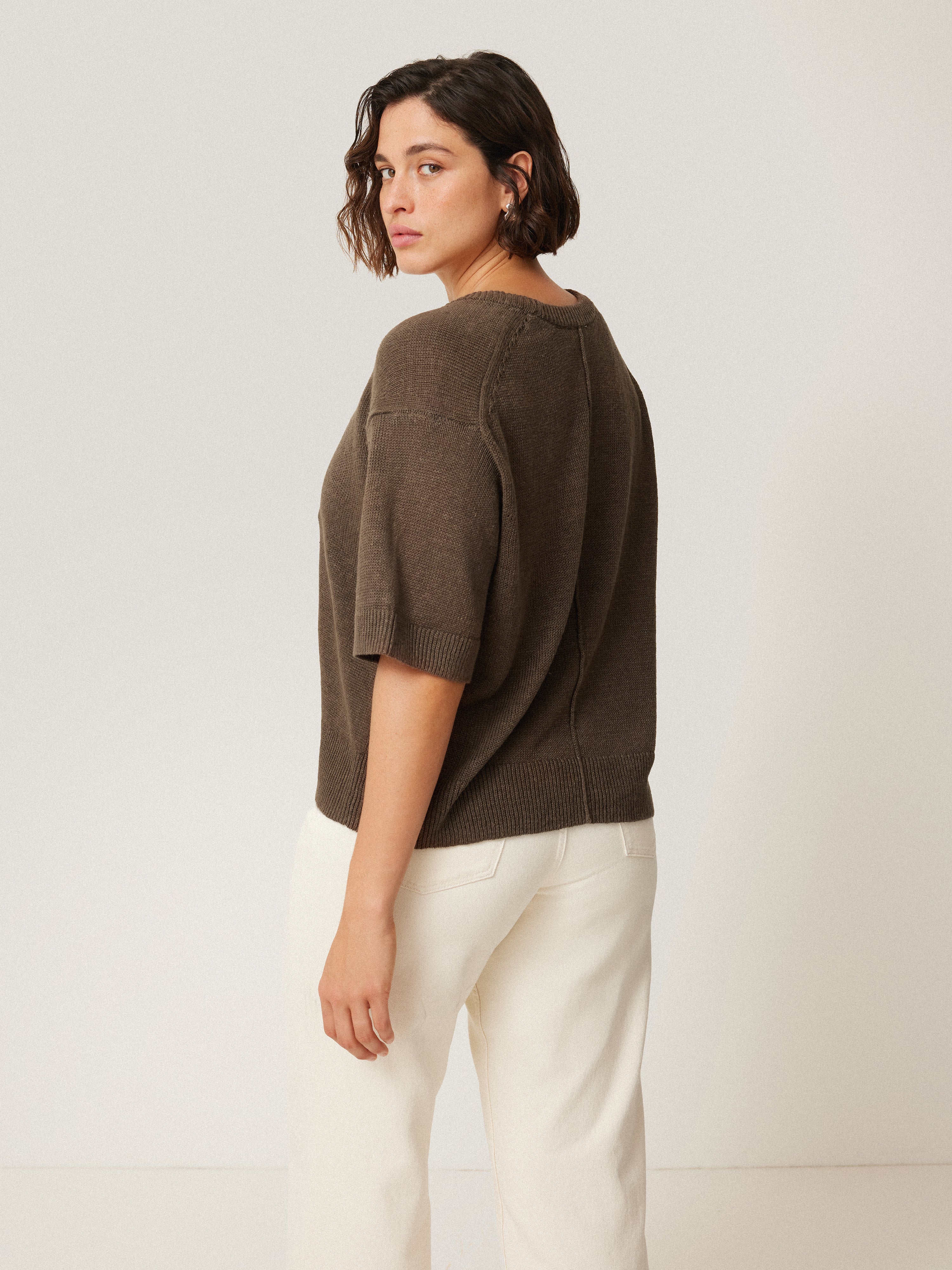 Linen Scoop Neck Knitted T-Shirt | Brown - Image 6