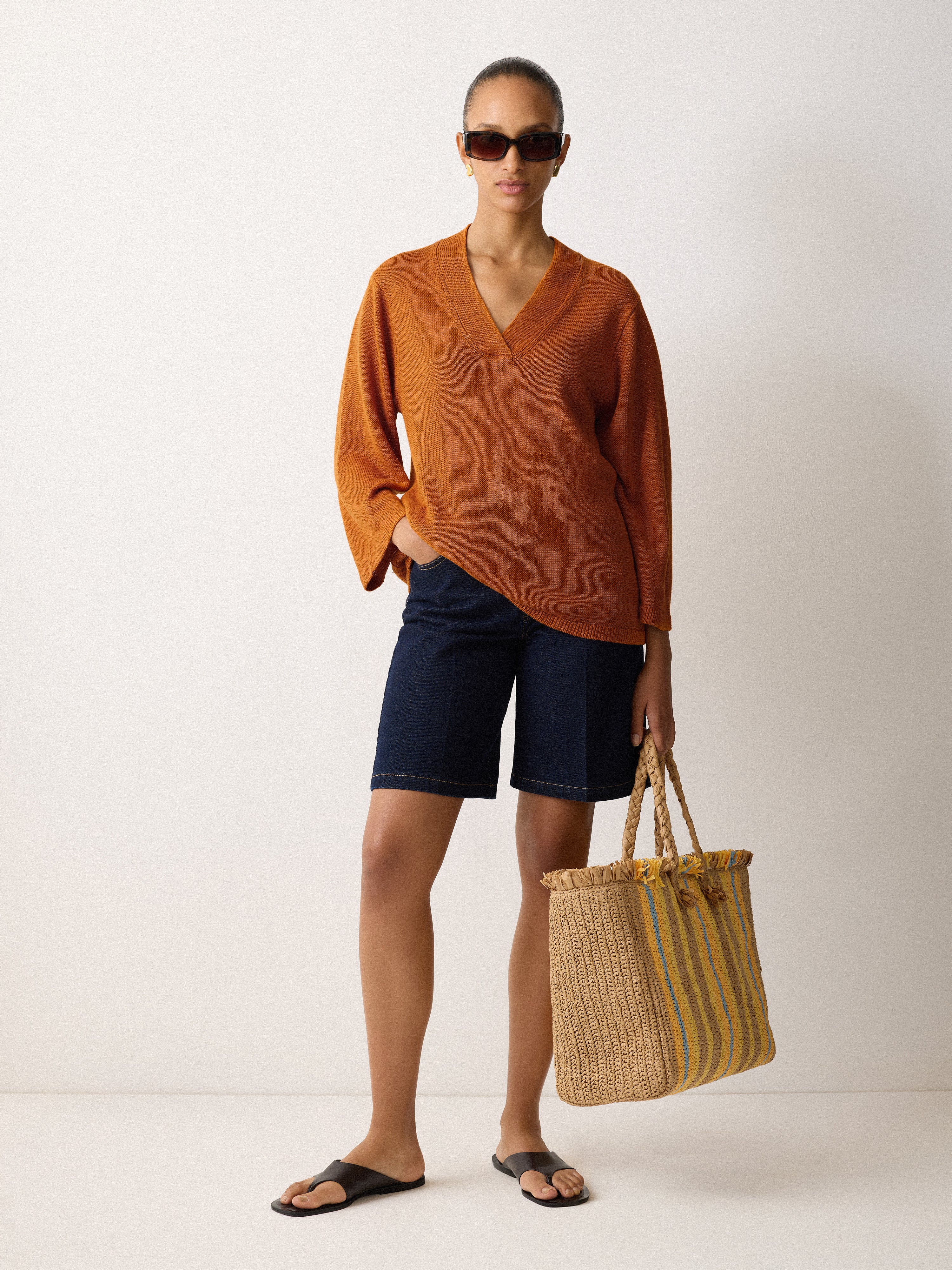 Linen V Neck Slouchy Jumper | Orange - Image 4