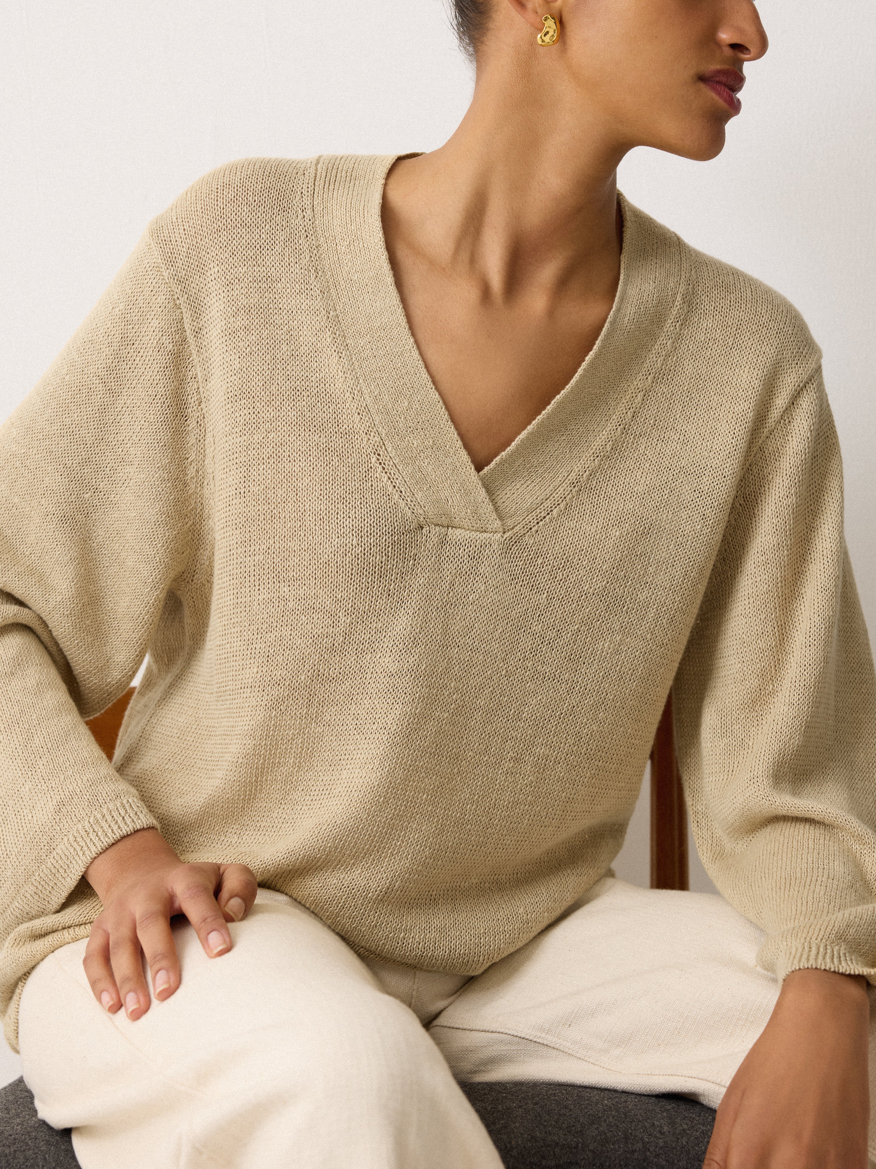 Linen V Neck Slouchy Jumper | Sand - Image 2