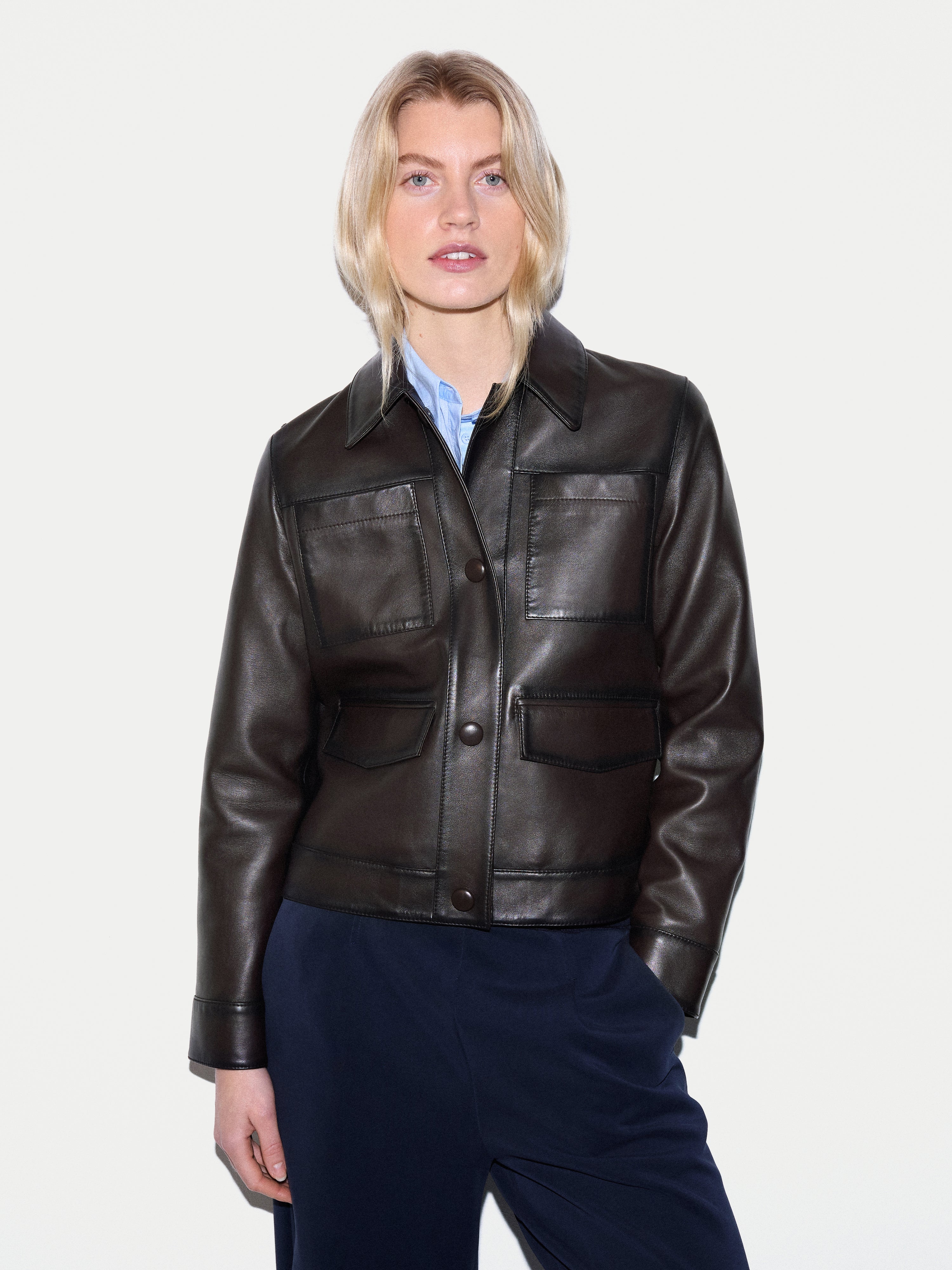 Nappa Leather Cropped Jacket | Dark Brown