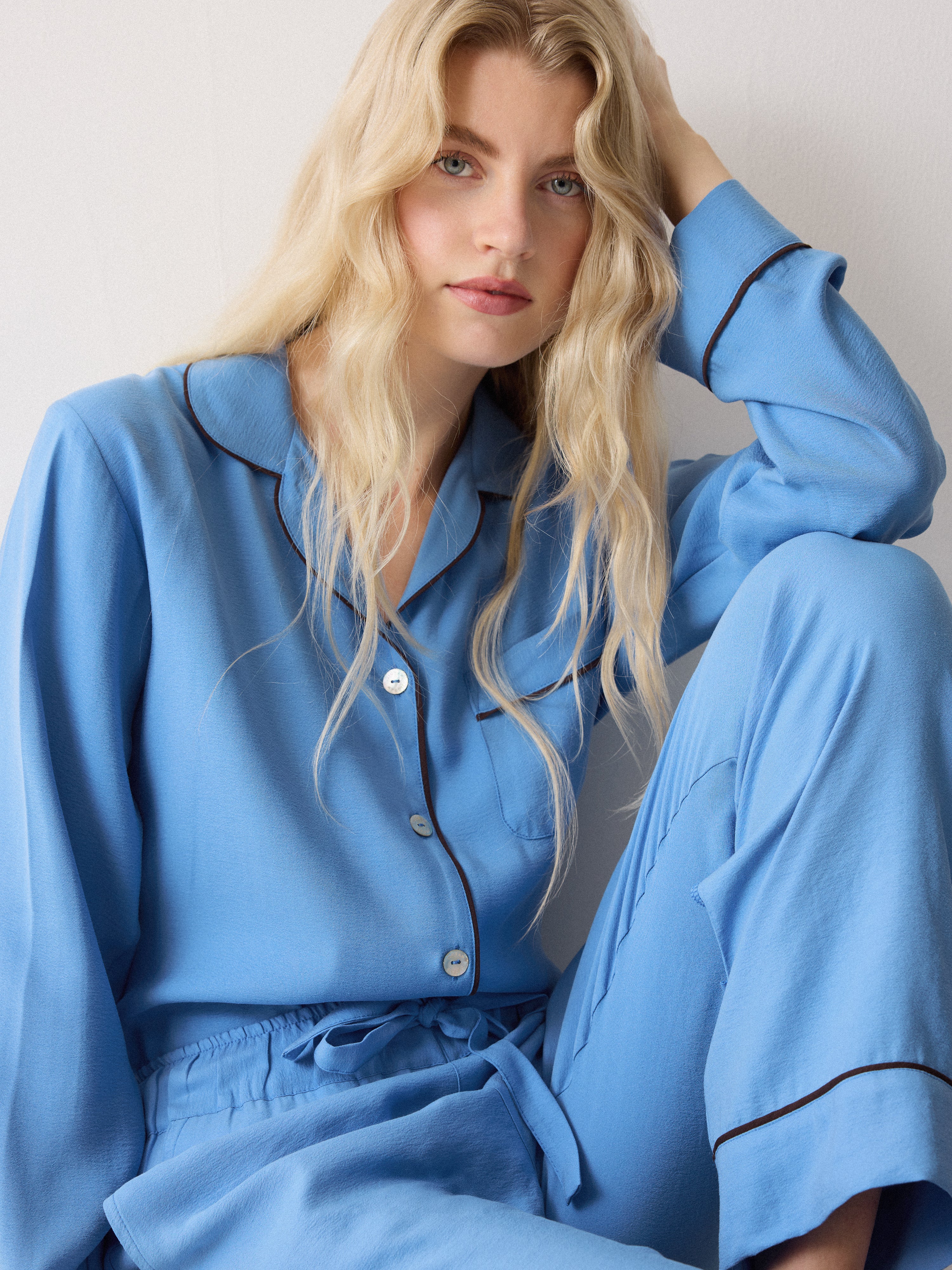 Piped Detail Relaxed Pyjamas | Blue - Image 2