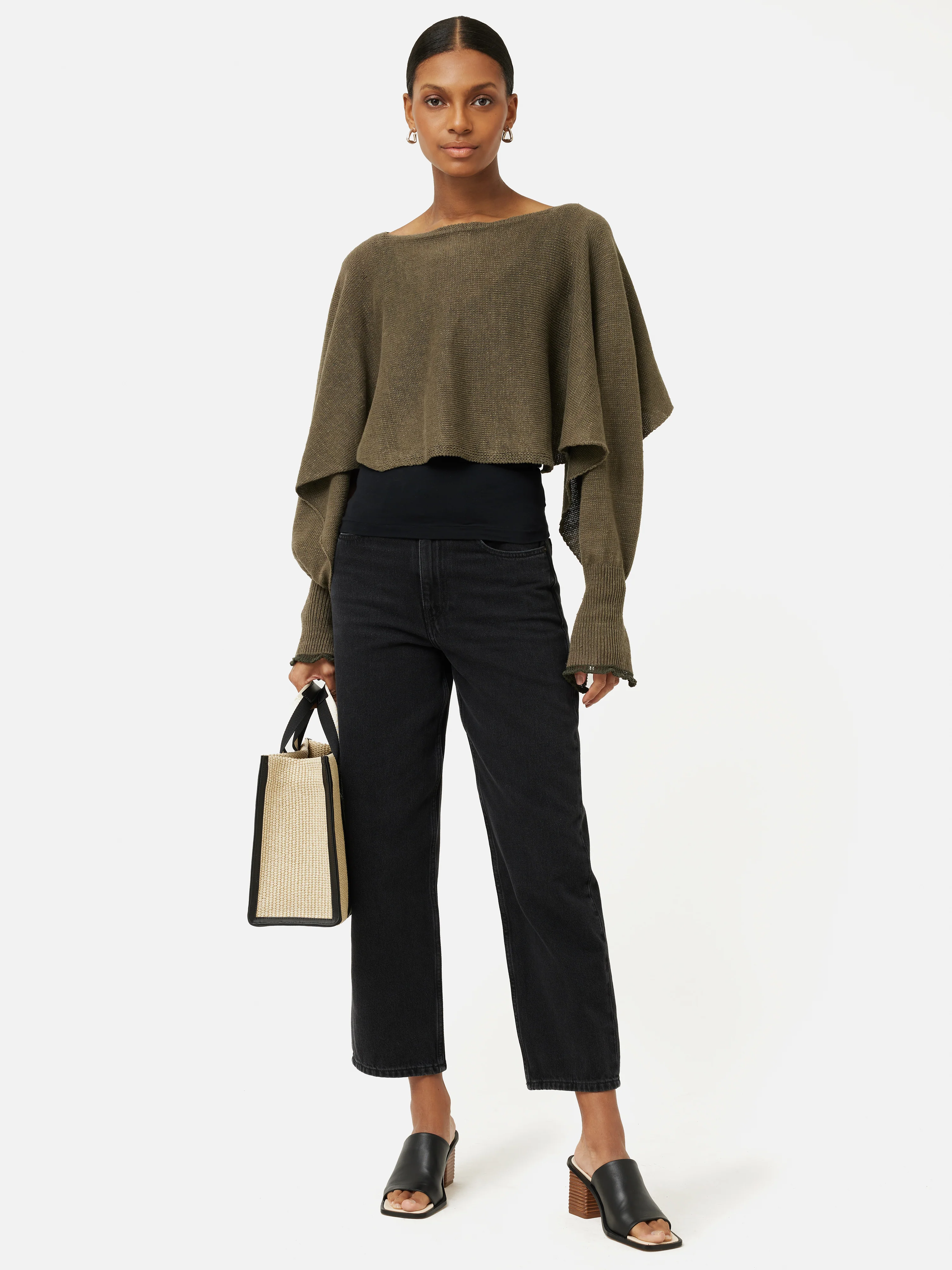 Pure Linen Poncho Sweater | Khaki - Image 3