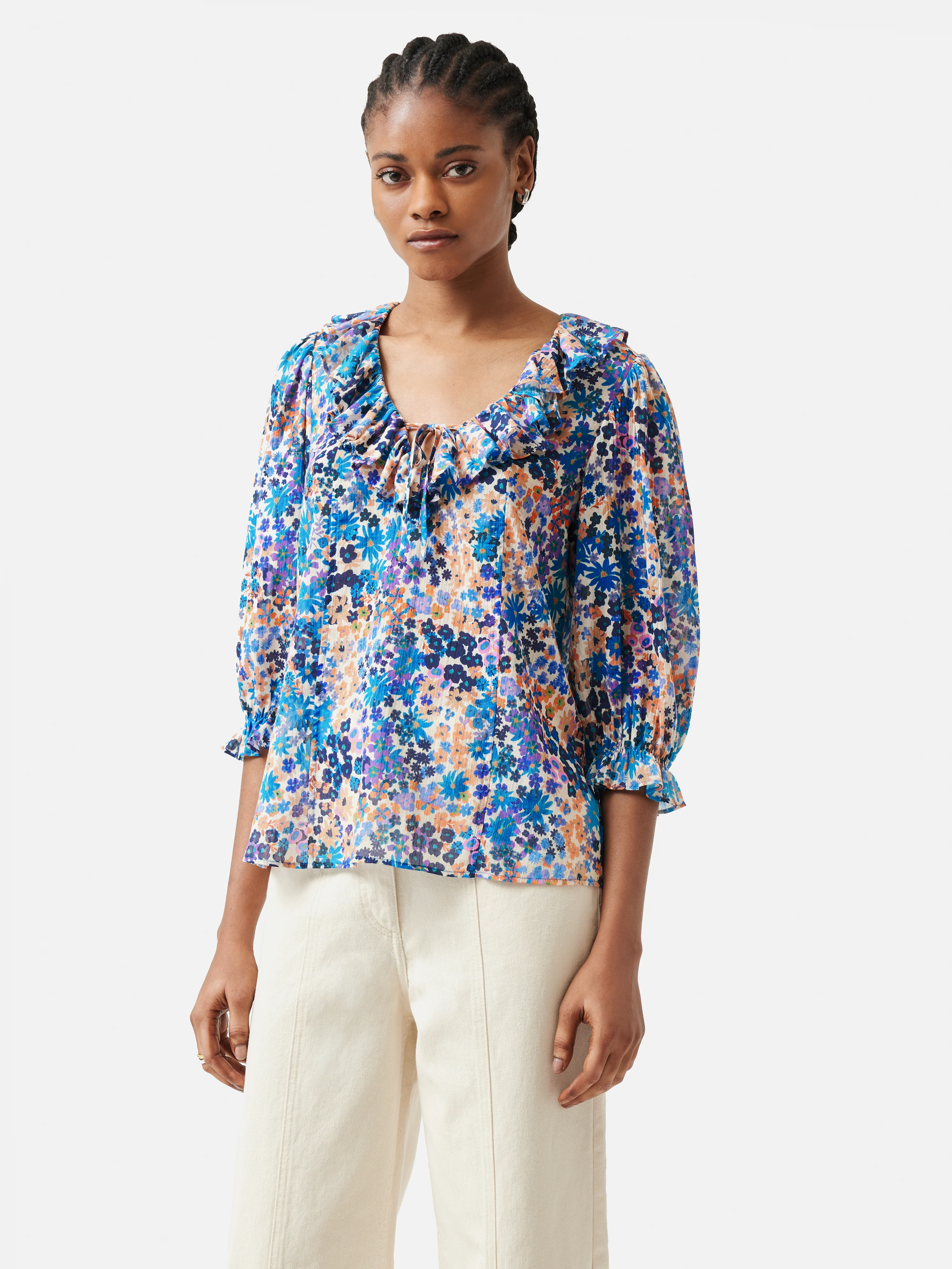 Rave Floral Cotton Crinkle Top | Blue - Image 3