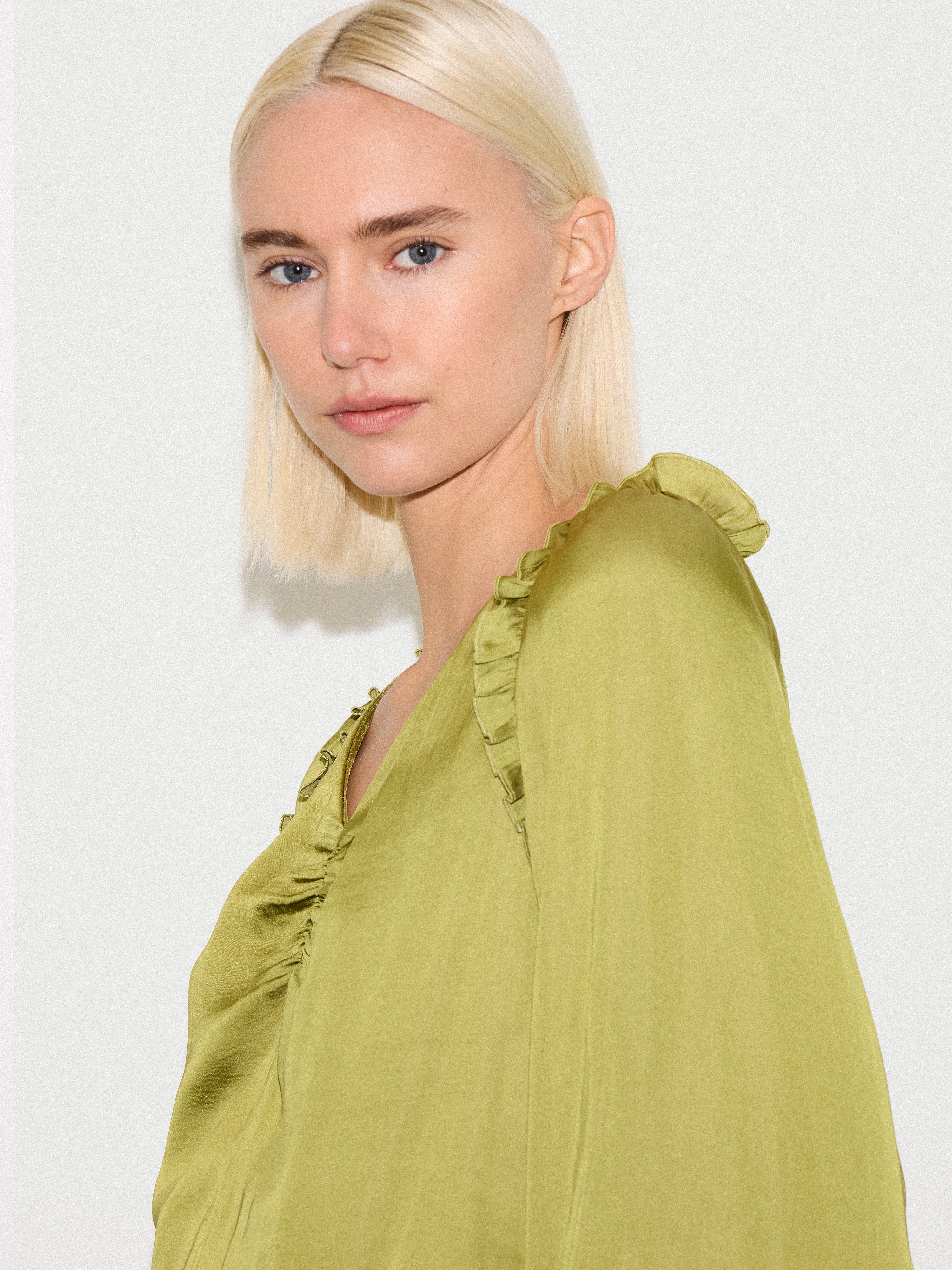 Recycled Satin Frill Top | Green - Image 3