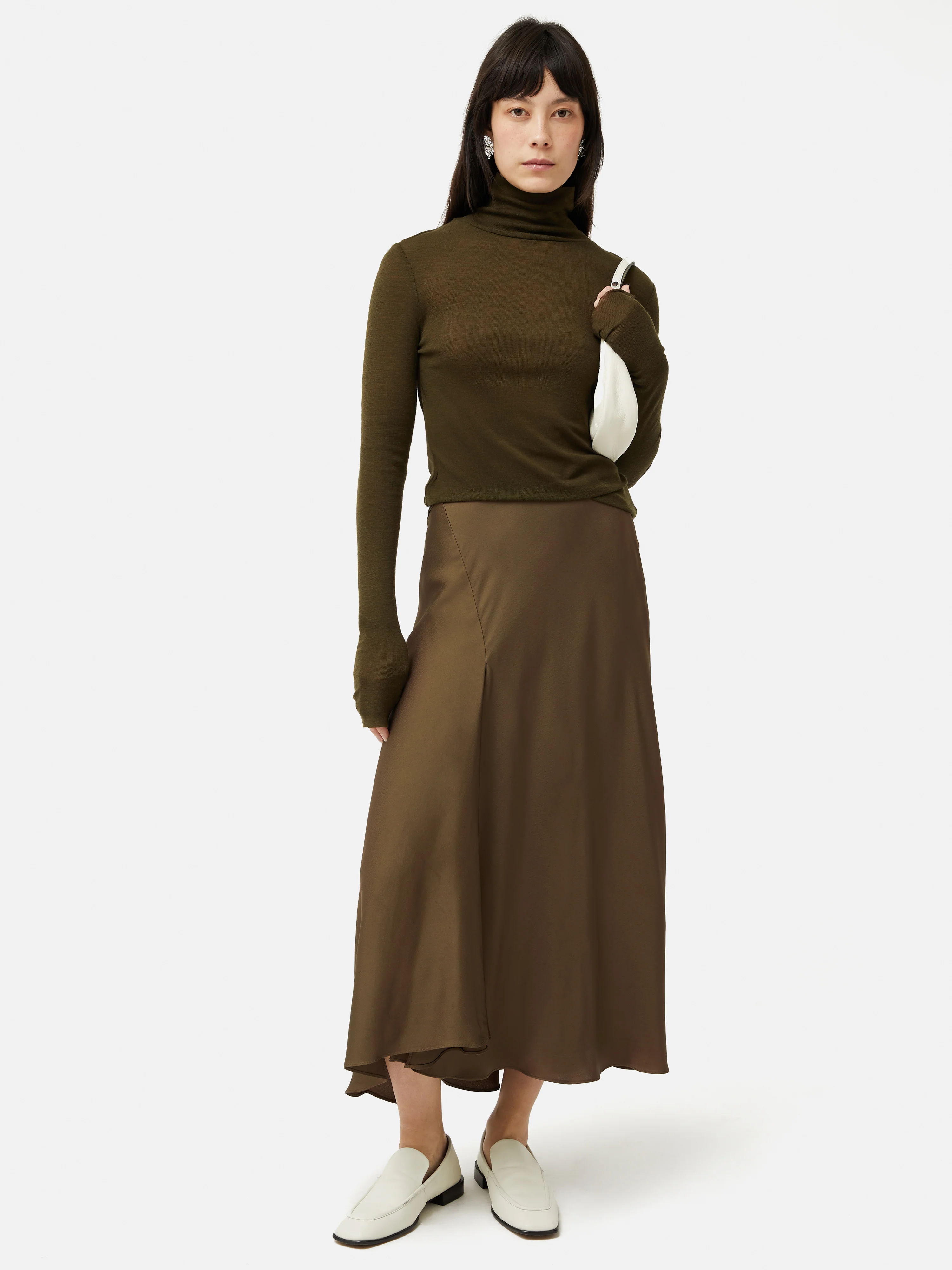 Satin Bias Asymmetric Skirt | Dark Khaki - Image 6
