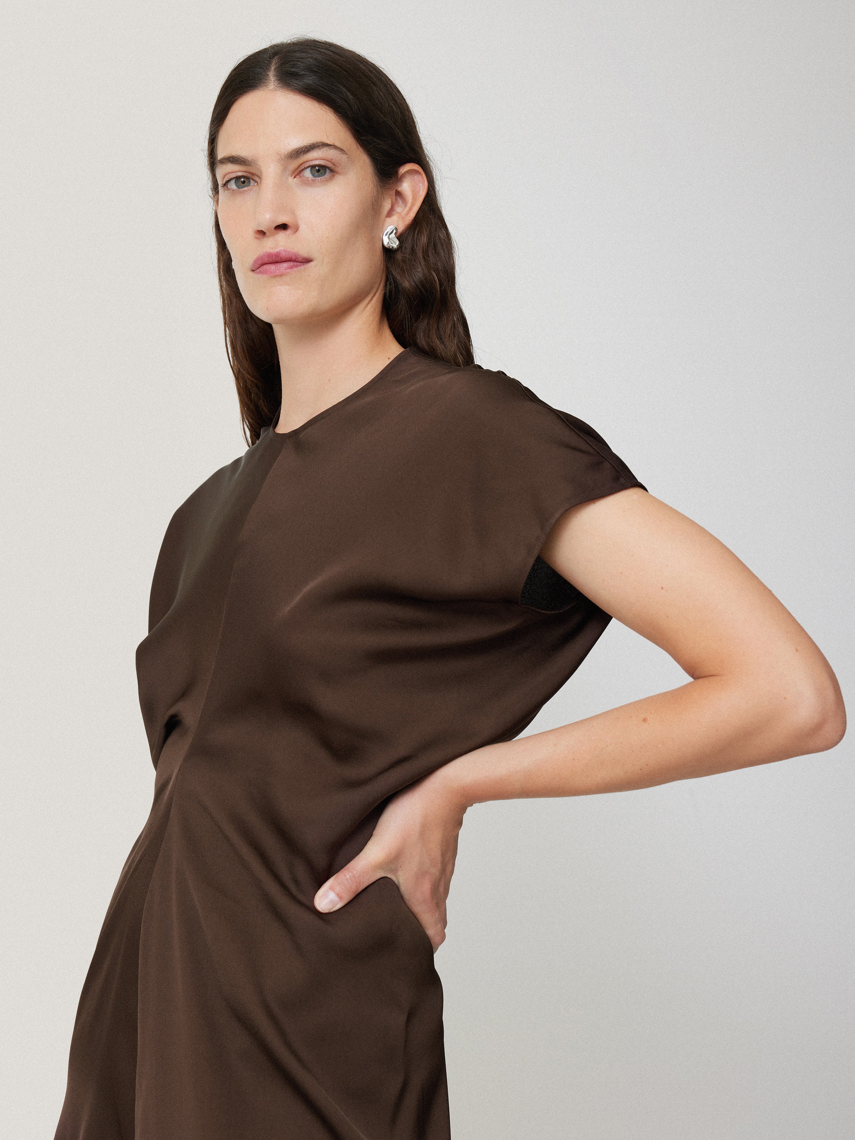 Satin Crepe Midi Dress | Brown - Image 2