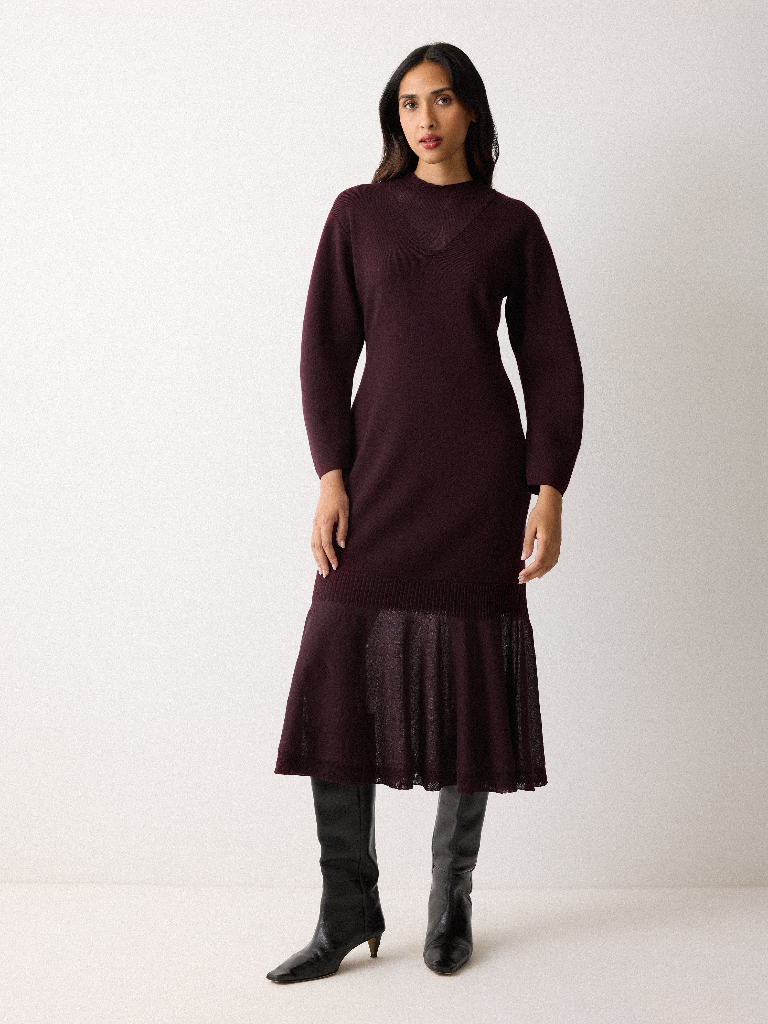 Sheer Panel Knit Dress | Burgundy - Image 4