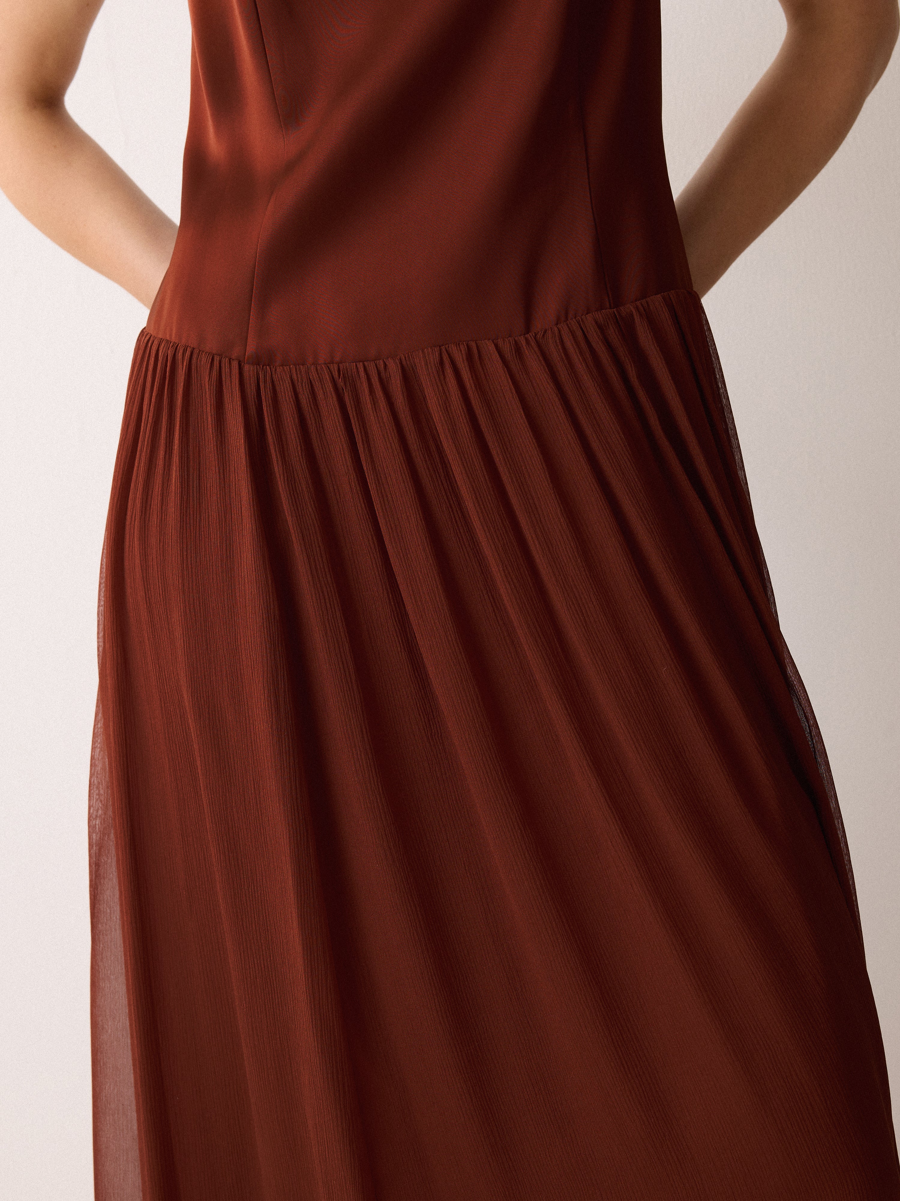 Silk Mix Drop Waist Dress | Brown - Image 2