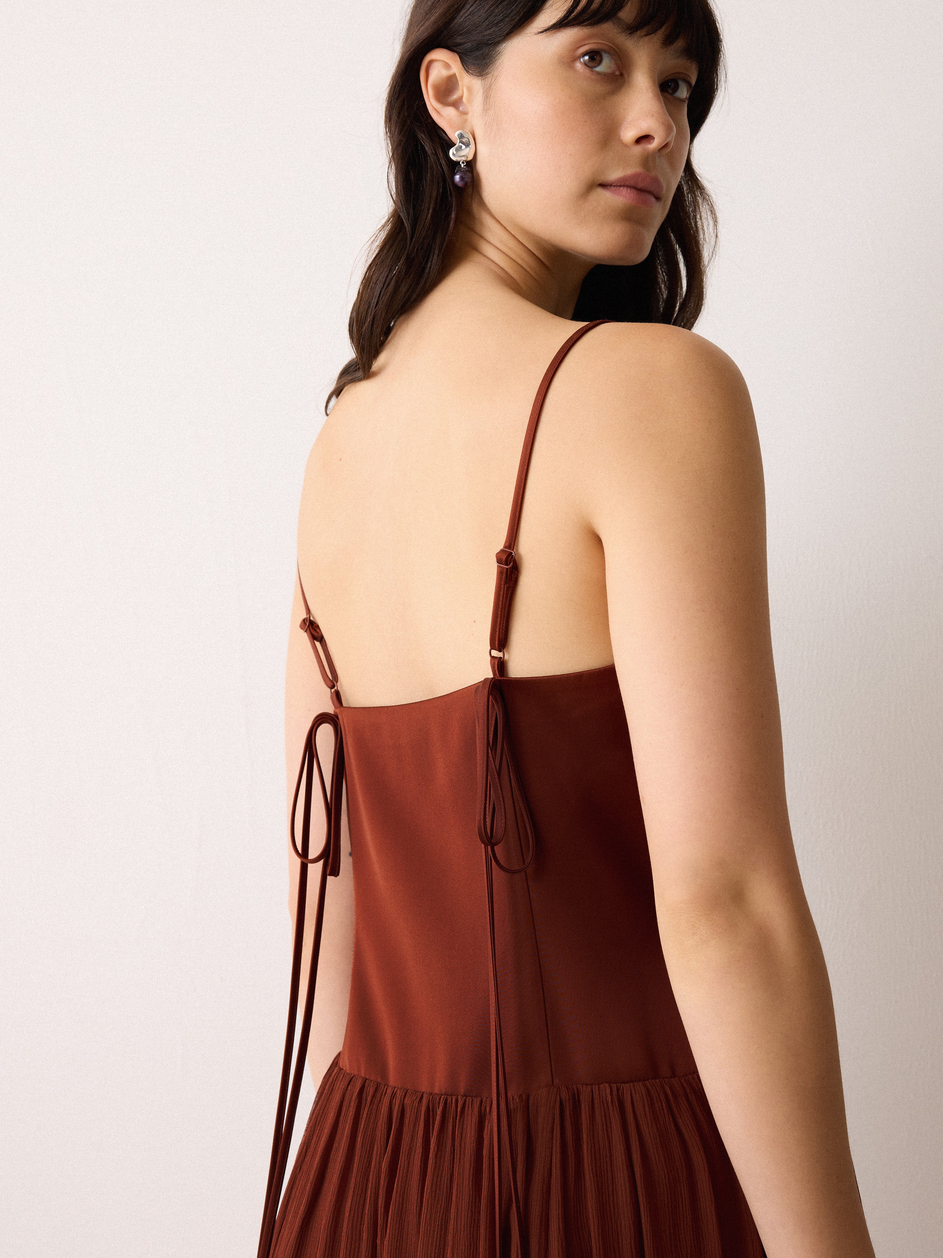 Silk Mix Drop Waist Dress | Brown - Image 3