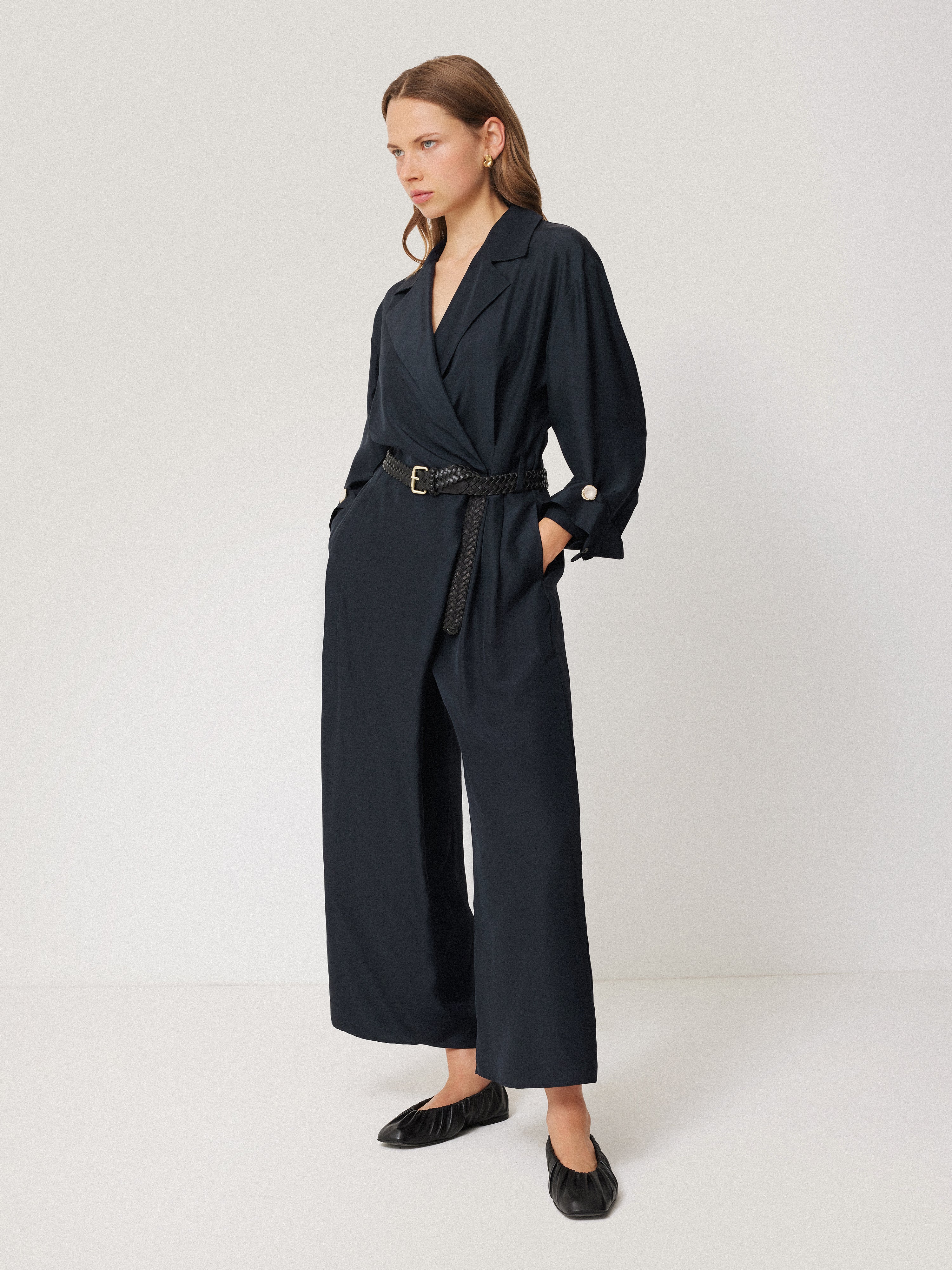 Silk Relaxed Wrap Jumpsuit | Navy - Image 7