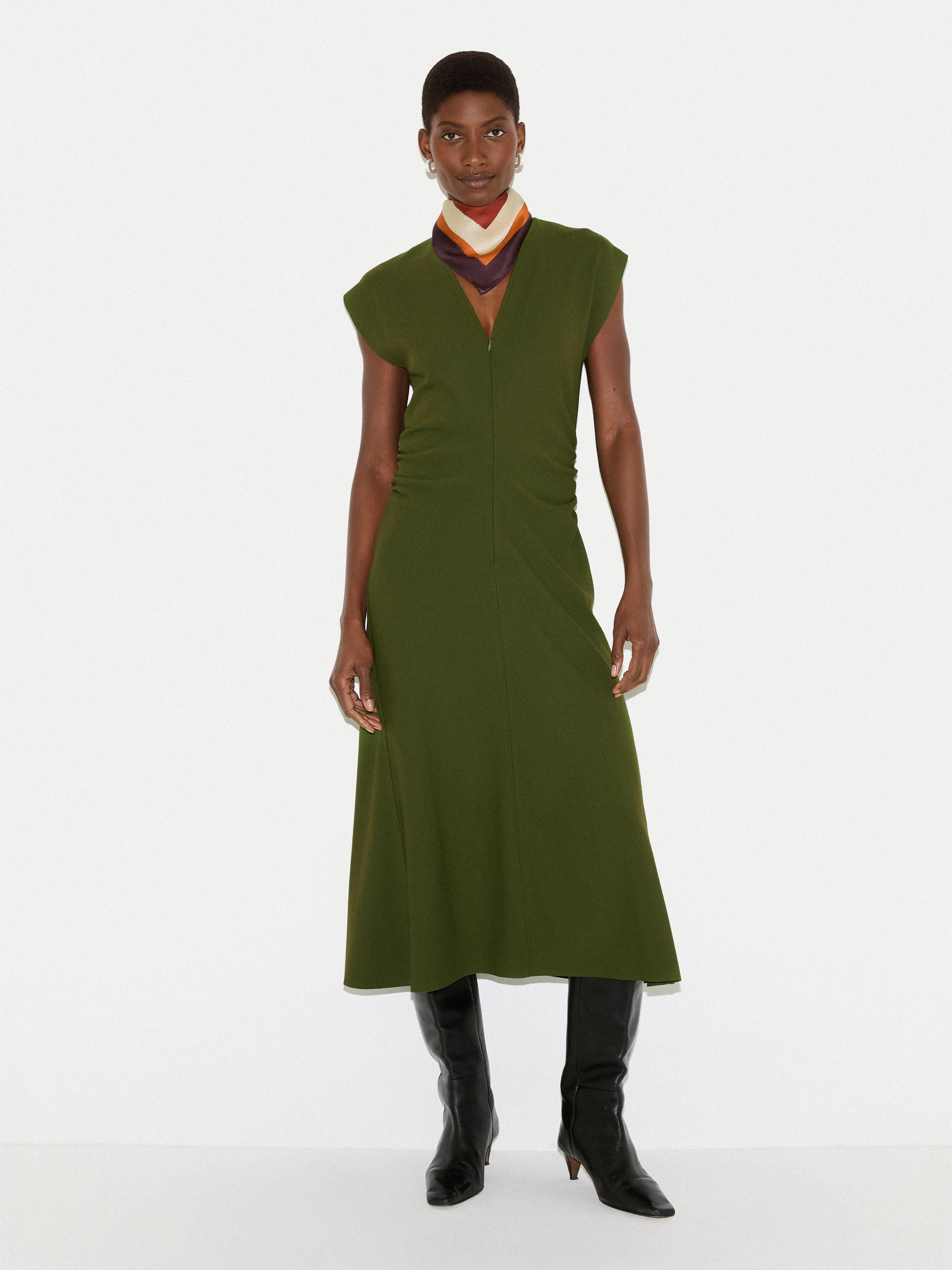 Stretch Crepe Drape Midi Dress | Green - Image 2