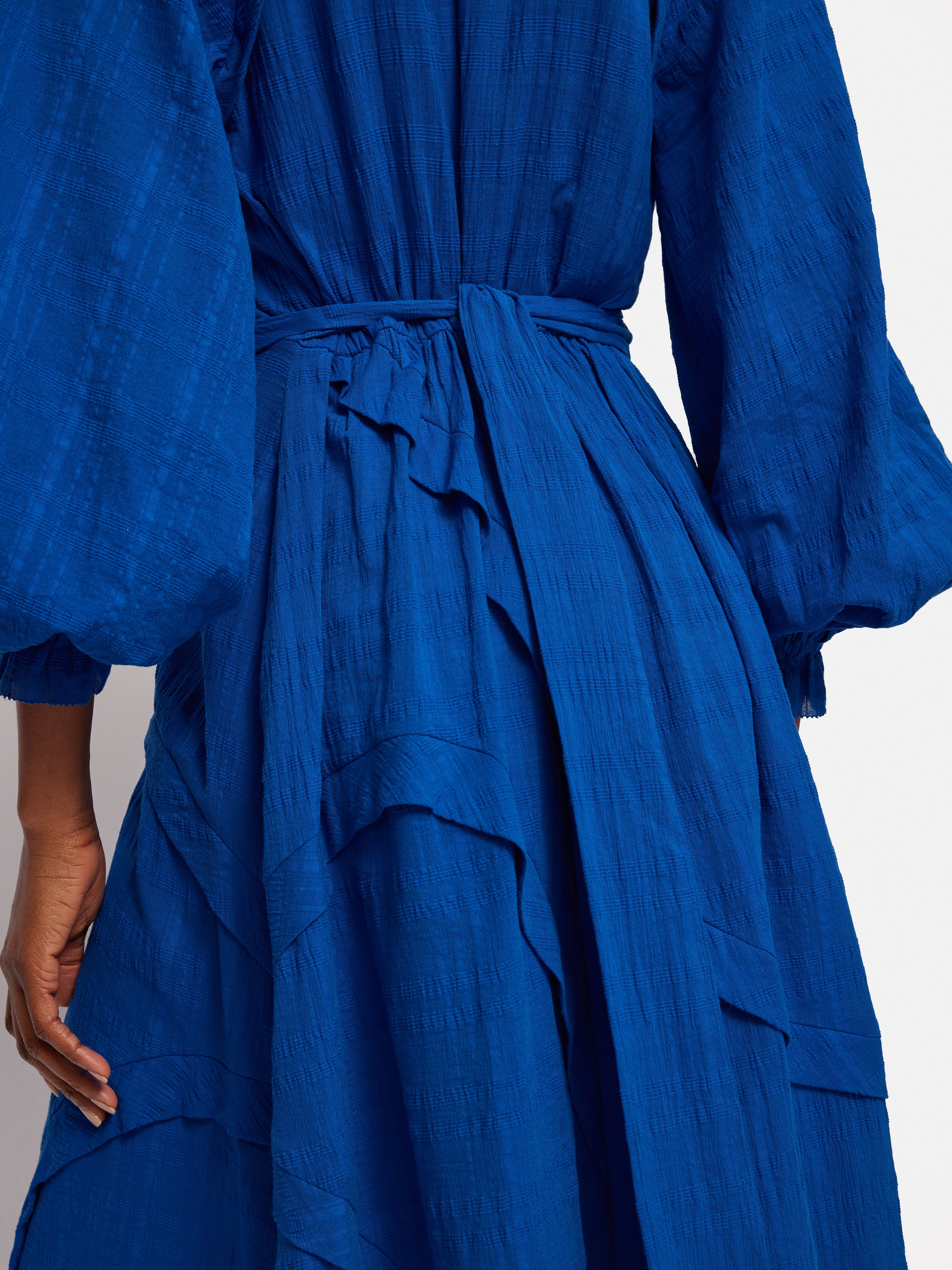 Textured Cotton Belted Dress | Blue - Image 3