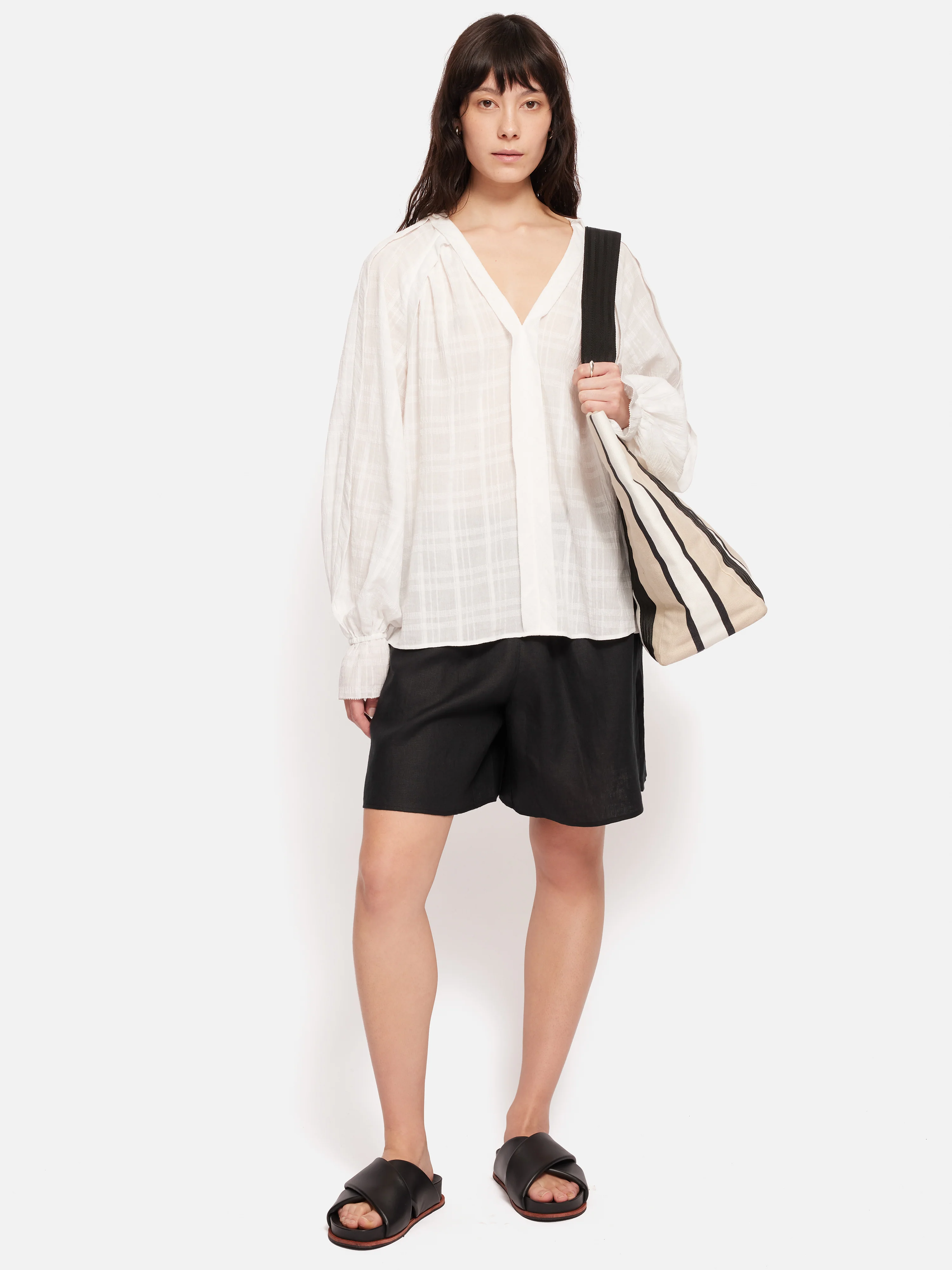 Textured Cotton V Neck Top | White - Image 3
