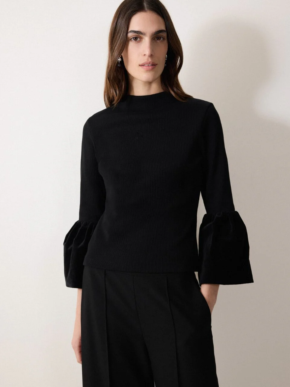 Velvet Sleeve Knitted Top | Black - Image 3