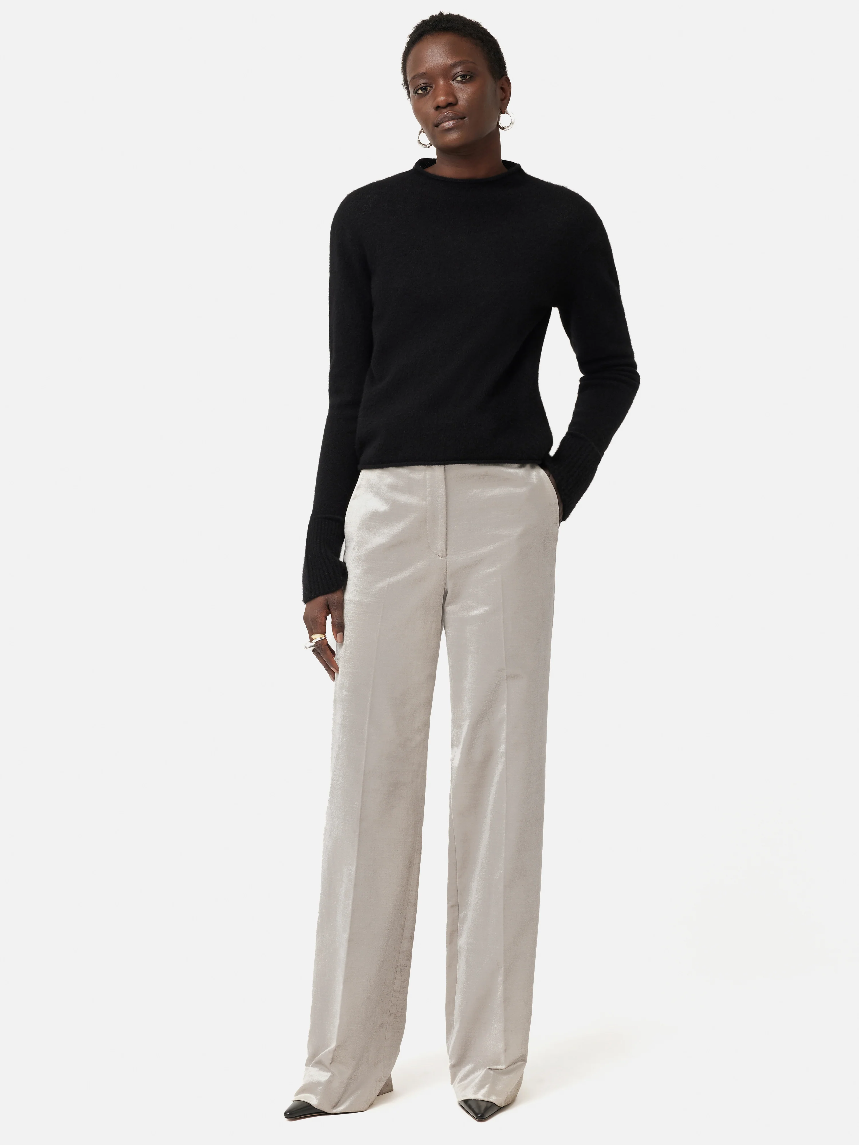 Velvet Wide Leg Trouser | Grey - Image 3