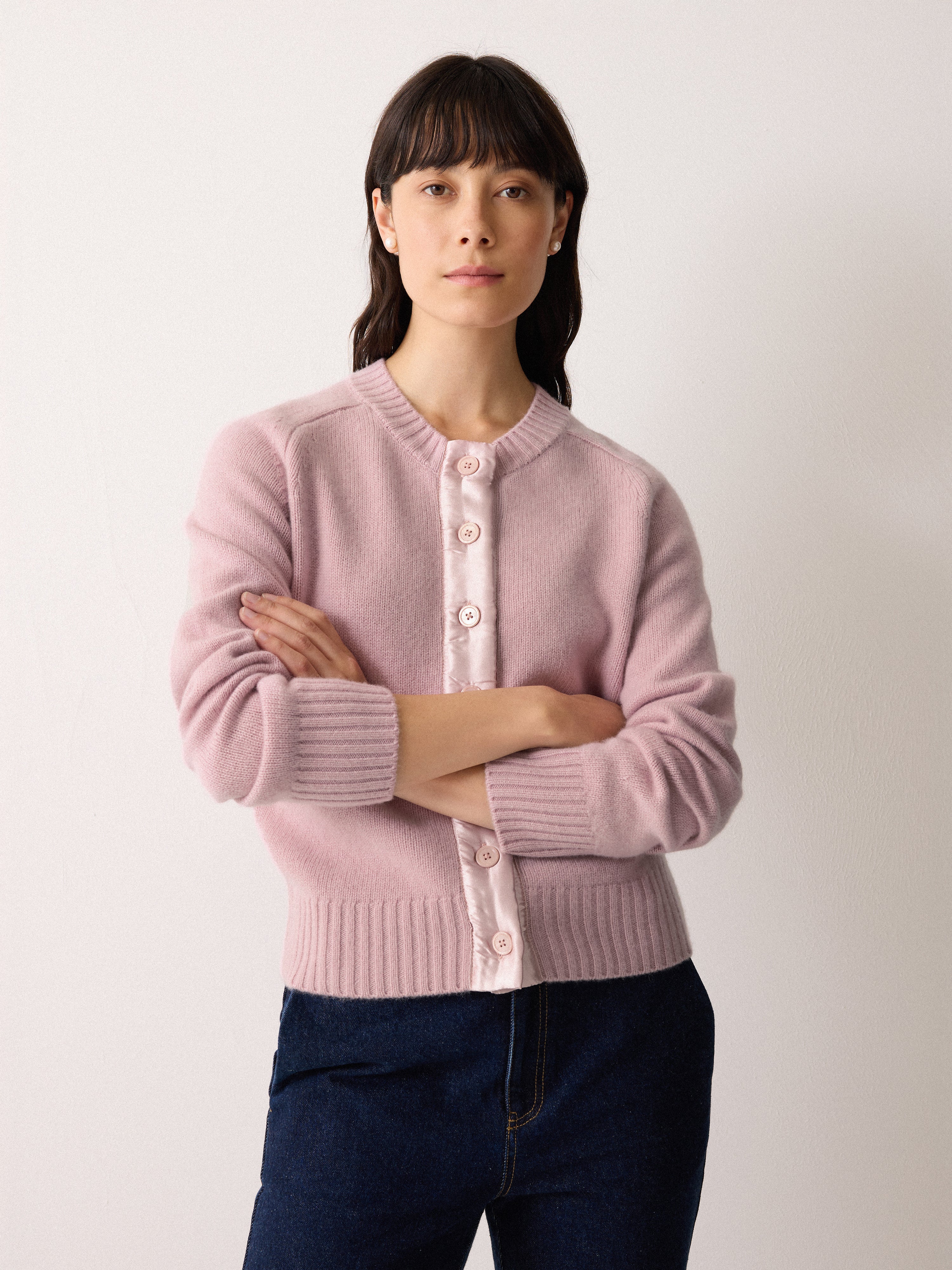 Wool Blend Satin Trim Cardigan | Pink - Image 3