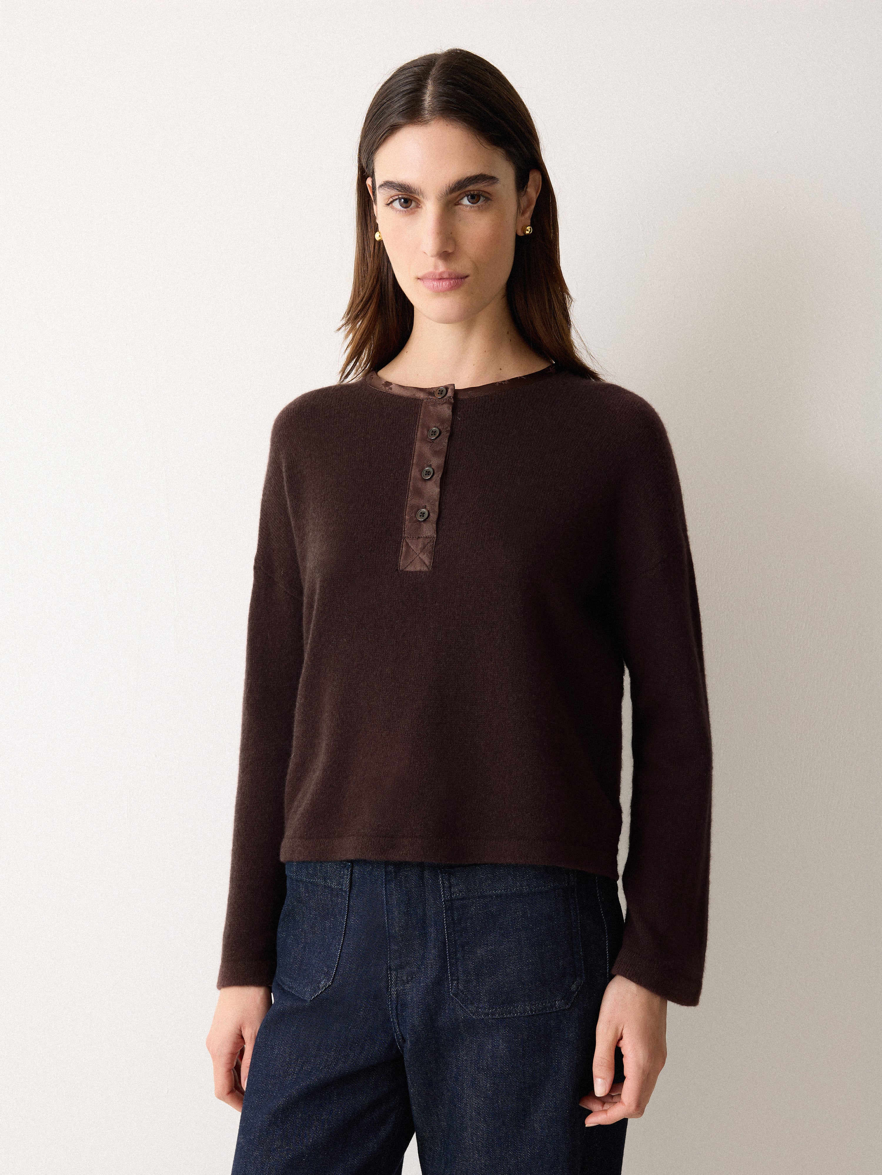 Wool Blend Satin Trim Top | Brown - Image 3