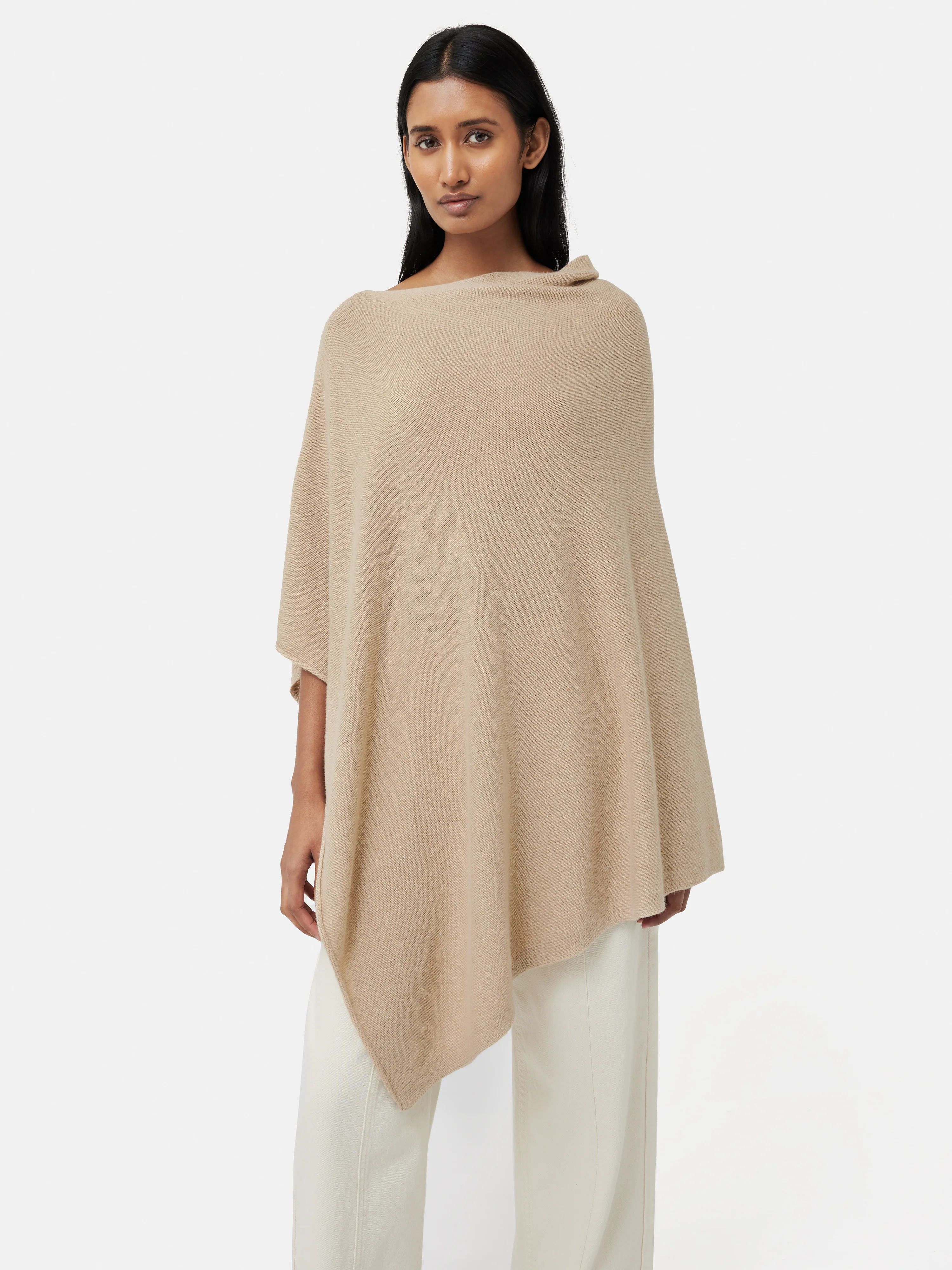 Wool Cashmere Blend Drape Poncho | Beige - Image 4