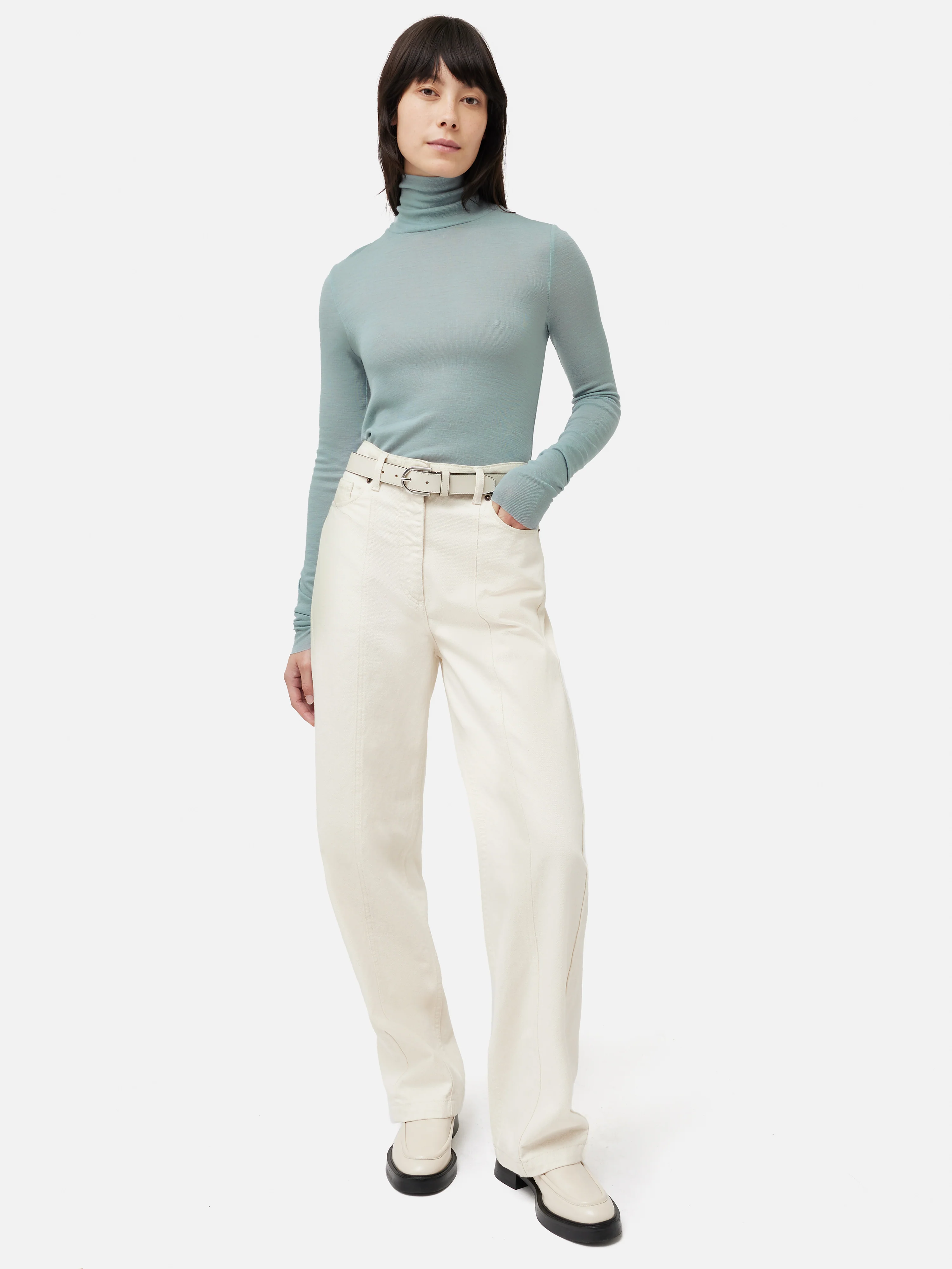 Wool Jersey Polo Neck Top | Blue - Image 3
