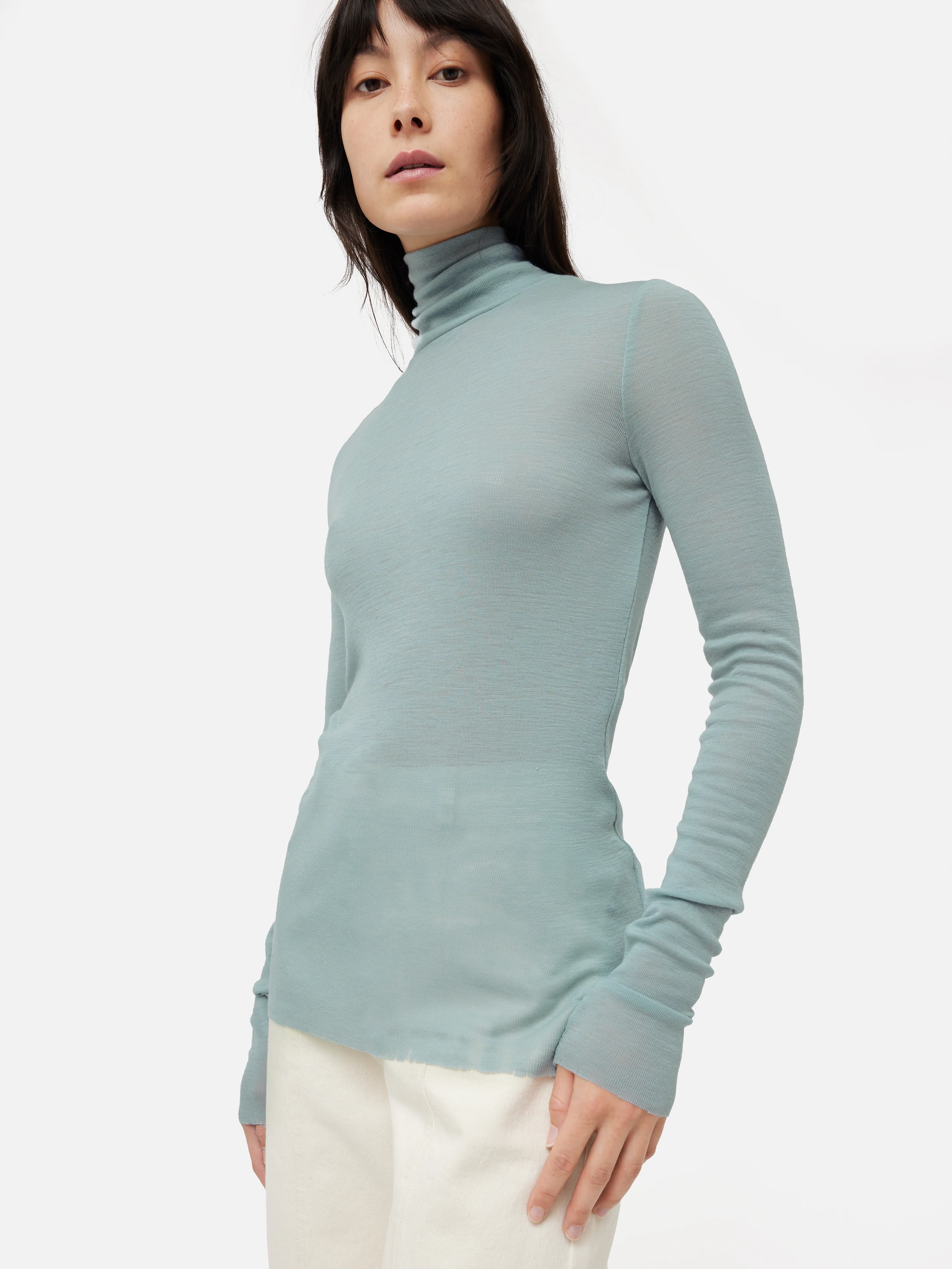 Wool Jersey Polo Neck Top | Blue - Image 4