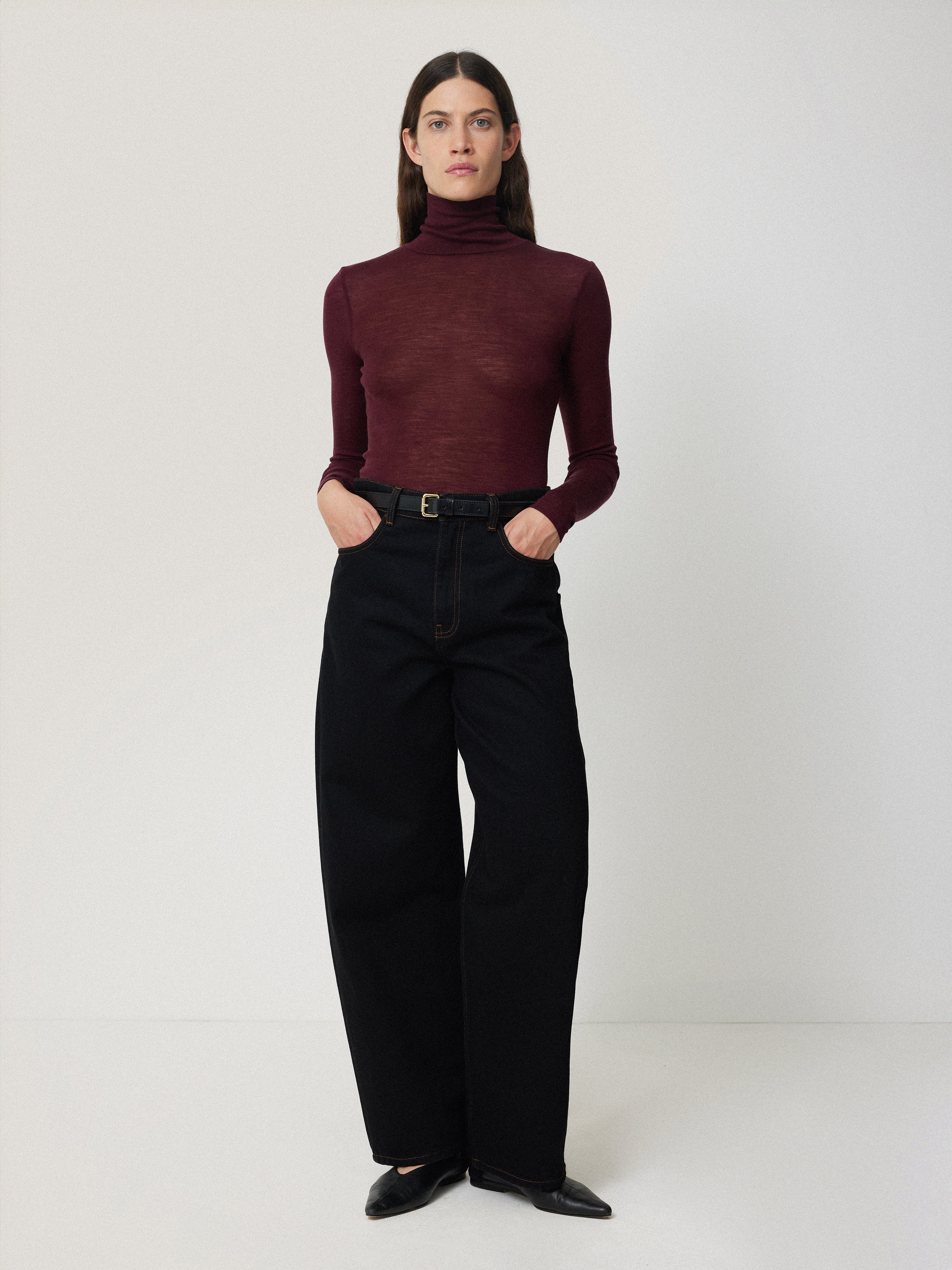 Wool Jersey Polo Neck Top | Burgundy - Image 3