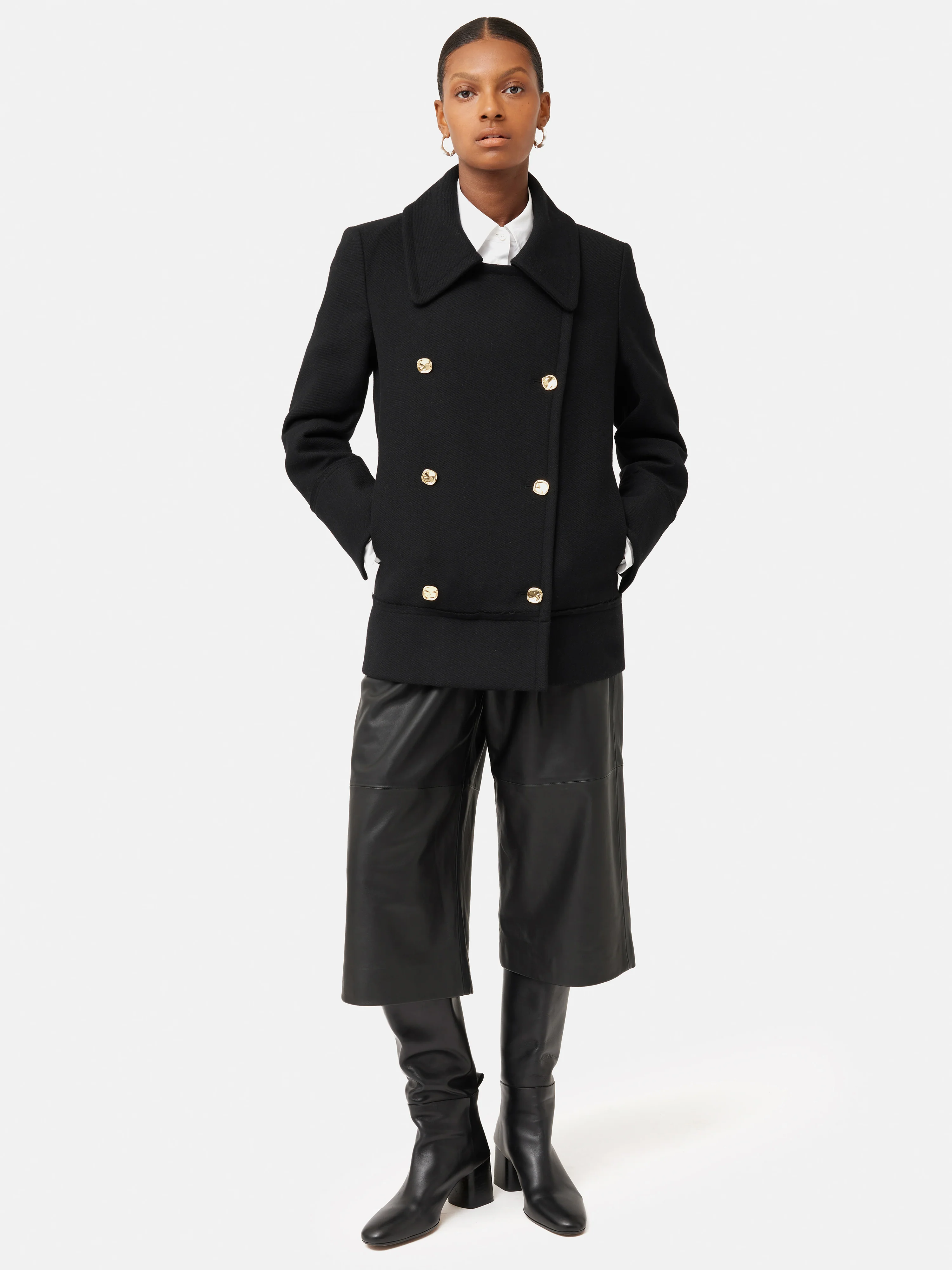 Wool Twill Longline Pea Coat | Black - Image 3