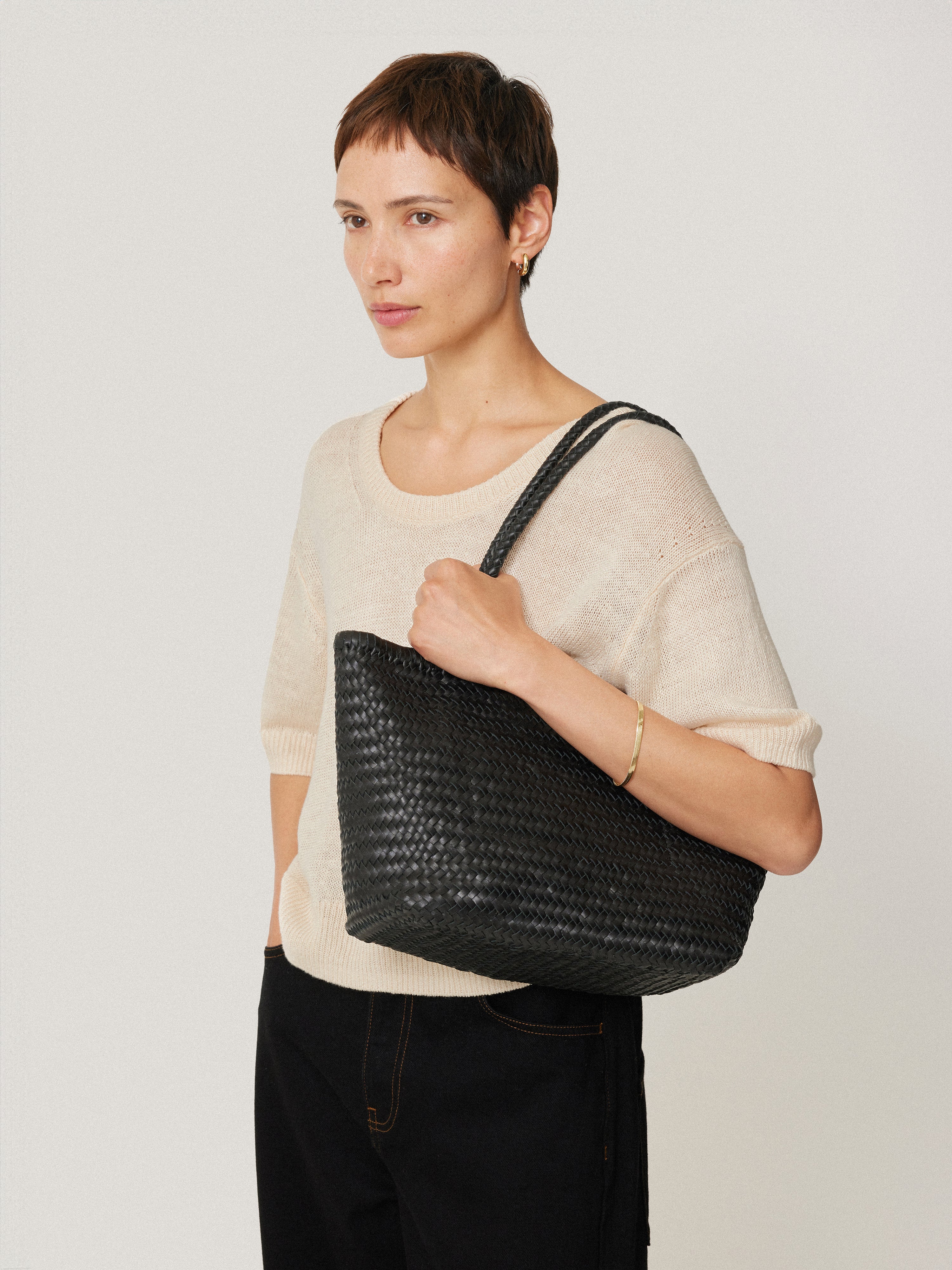 Woven Leather Tote Bag | Black - Image 5